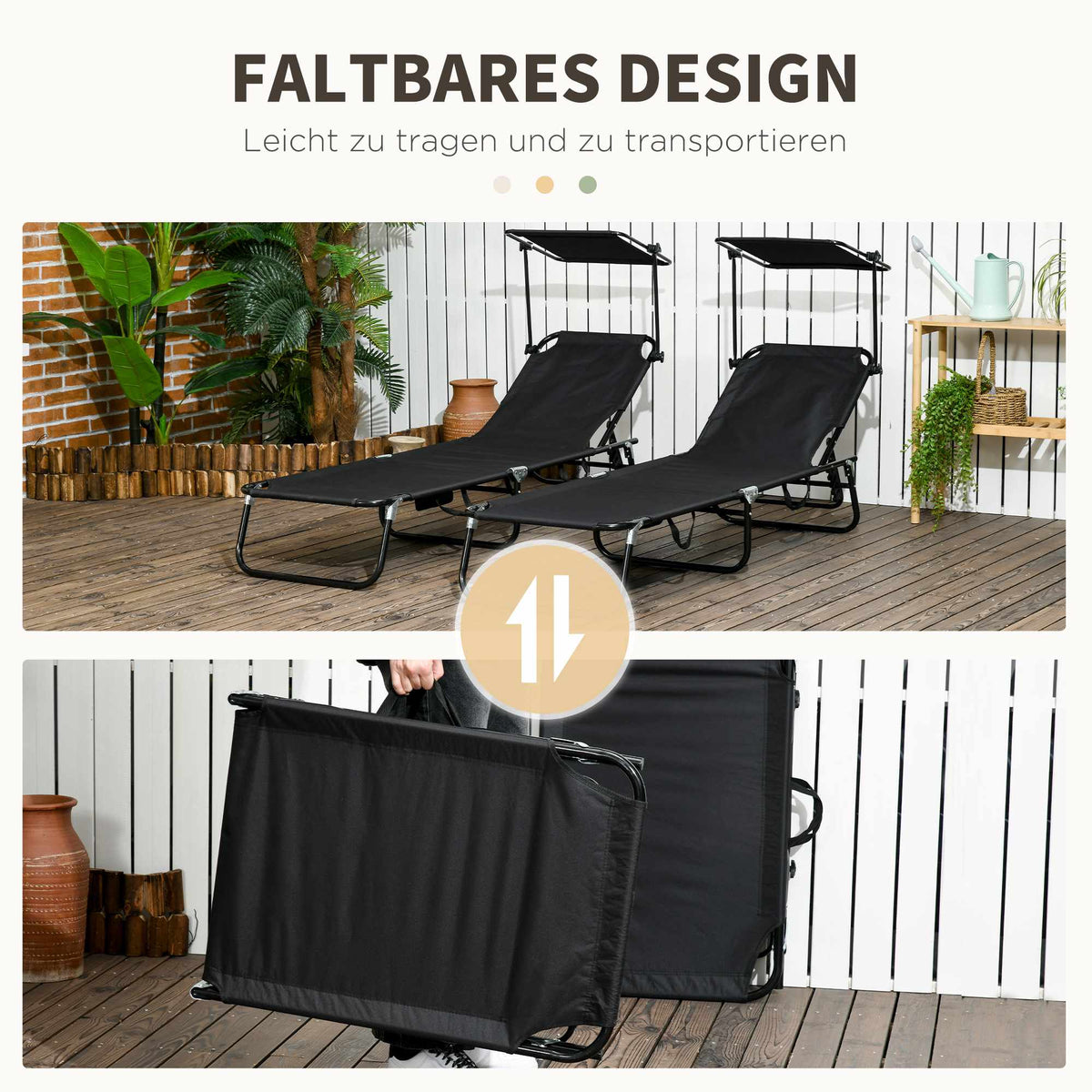 Folding Sun Lounger Set with Canopy, Adjustable Backrest