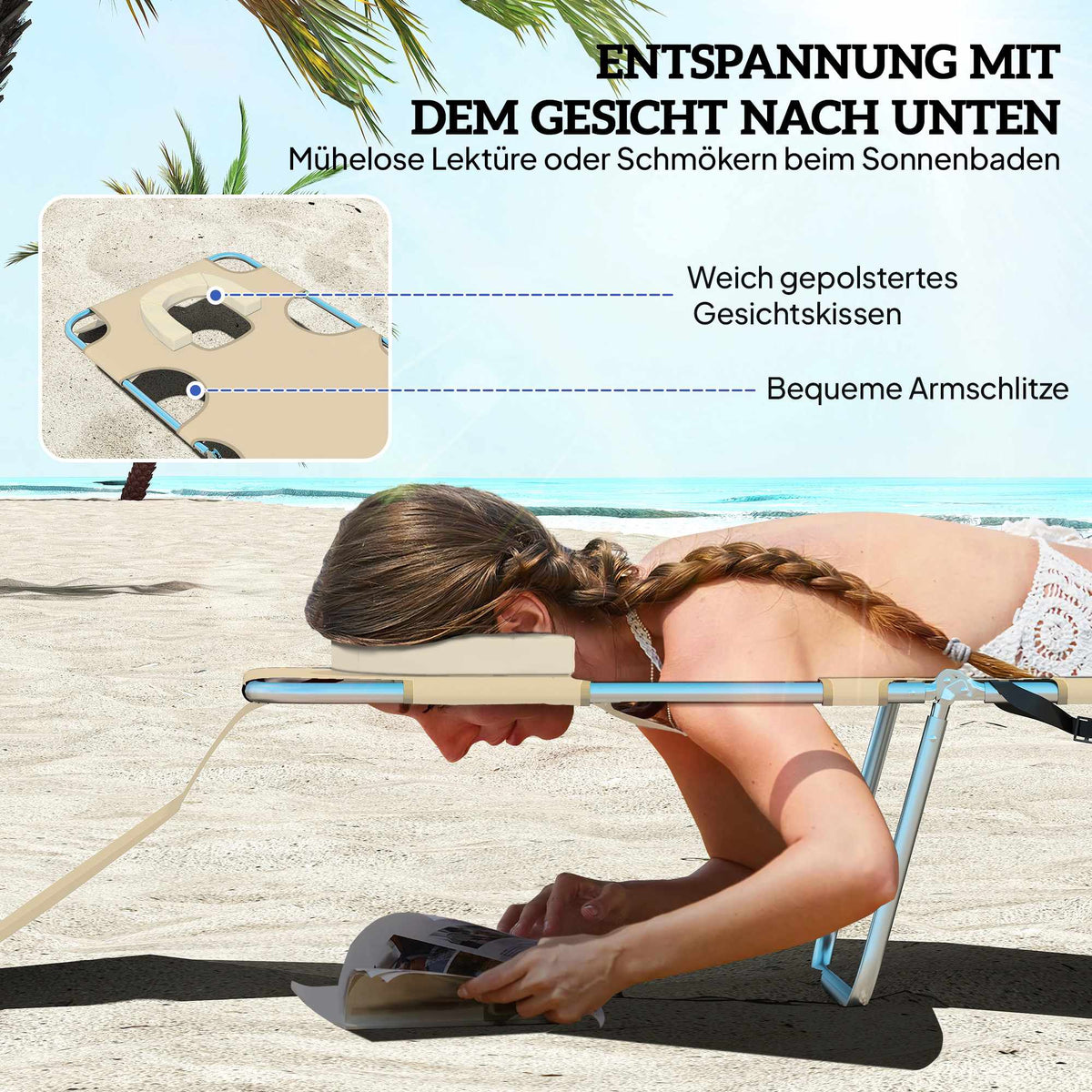 Folding Sun Lounger with Adjustable Backrest and Face Hole
