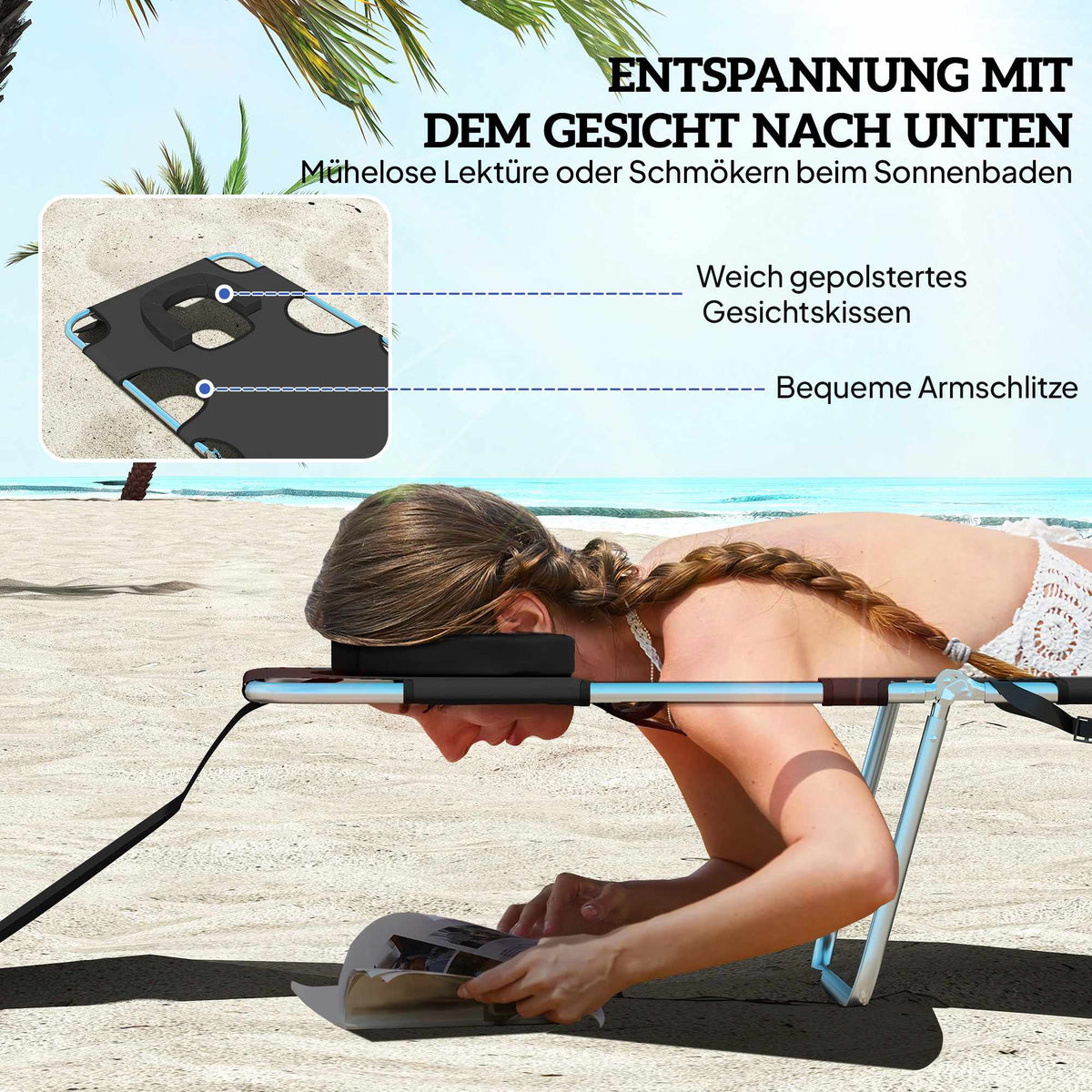 Folding Sun Lounger with Adjustable Backrest and Face Hole