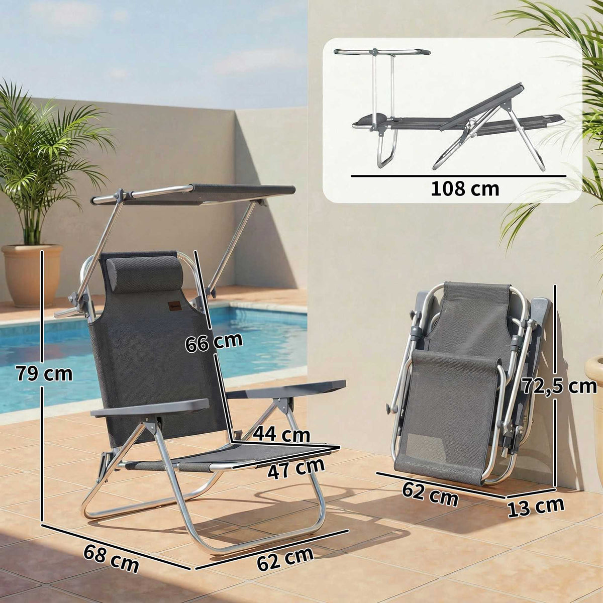 Folding Sun Lounger with Adjustable Canopy and Pillow