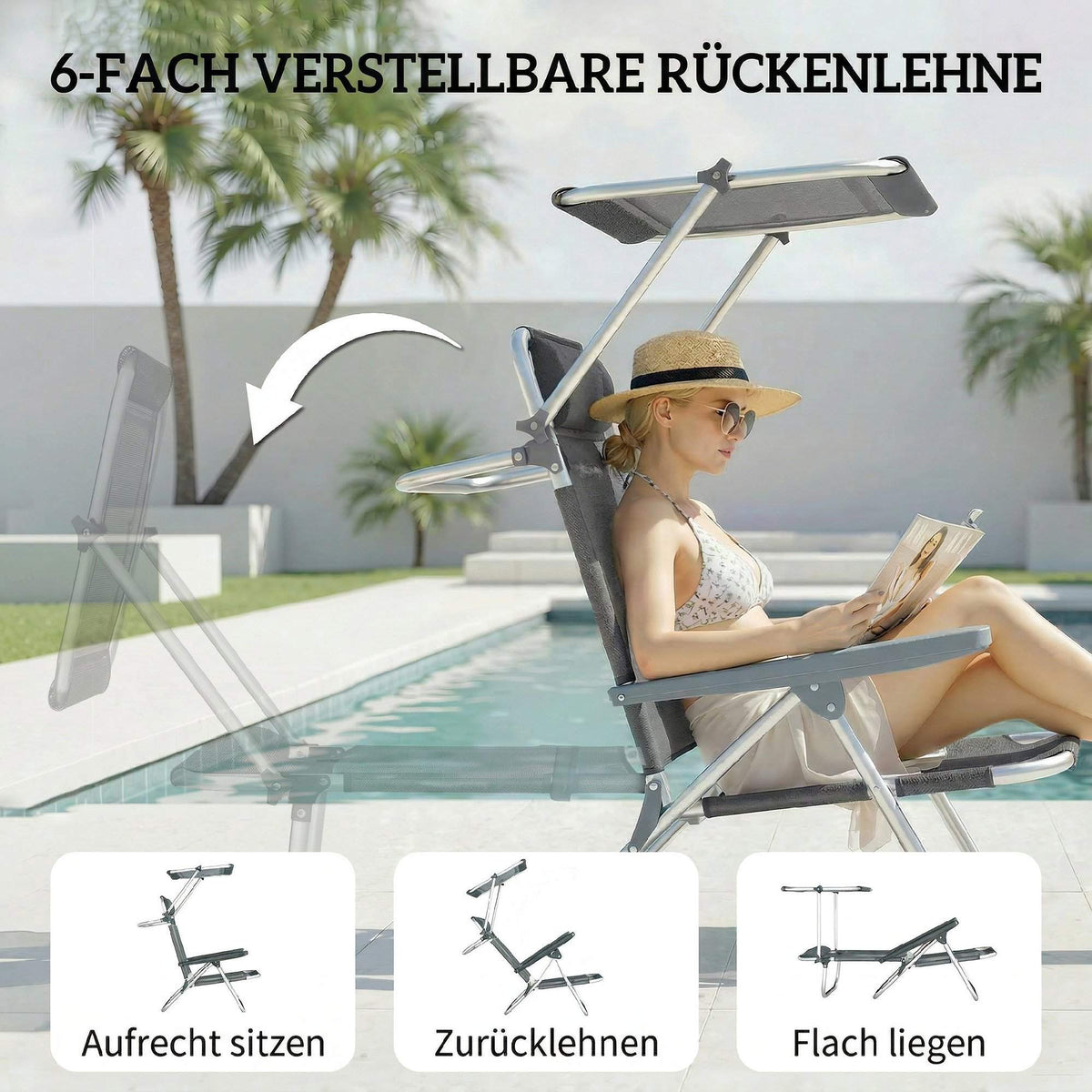 Folding Sun Lounger with Adjustable Canopy and Pillow