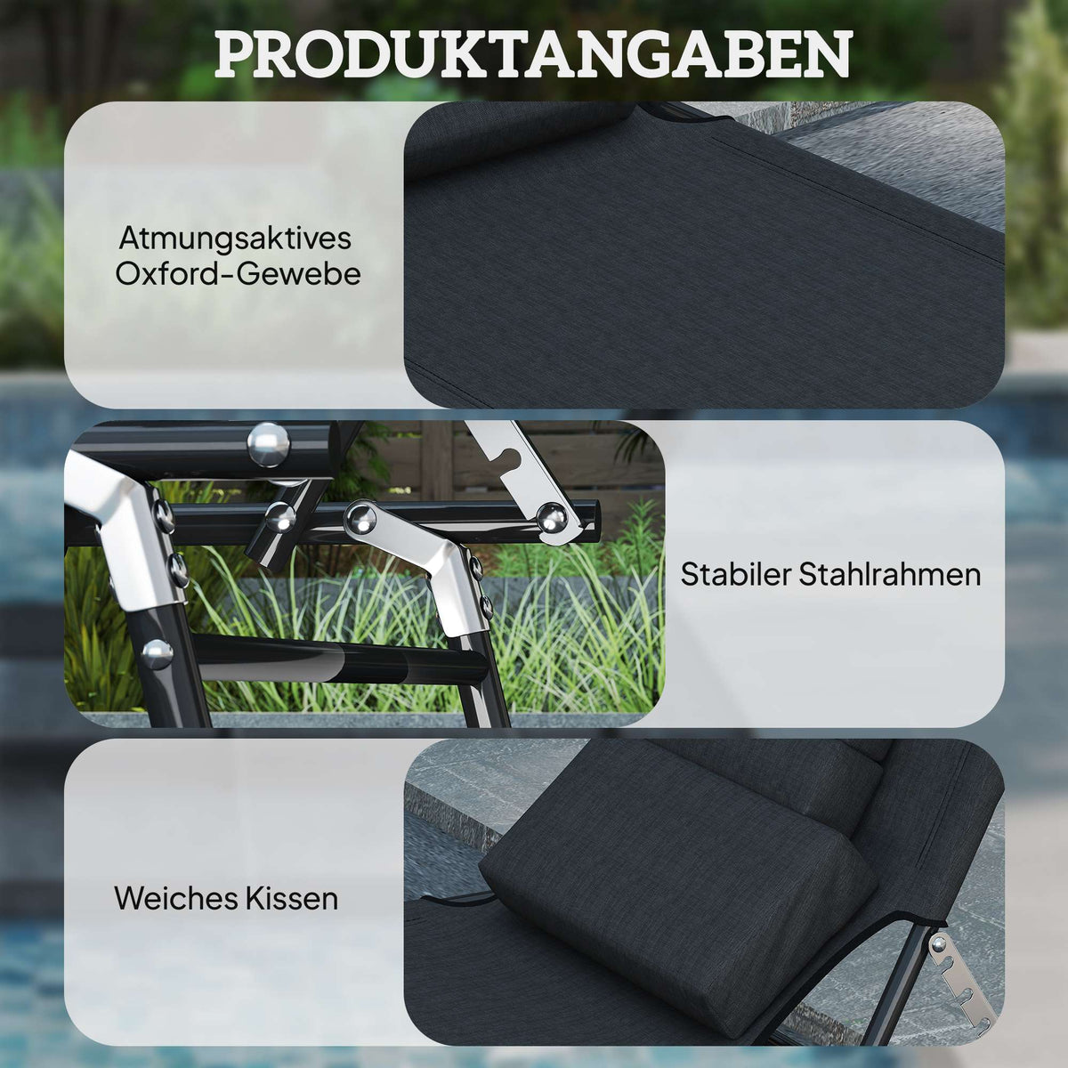 Folding Sun Lounger with Face Hole, Black, Steel Frame