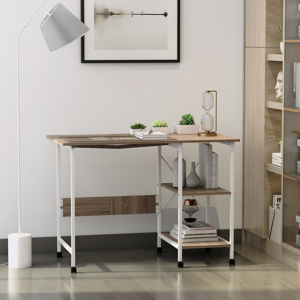 Folding Table Mobile Desk On Wheels, Side Table, Mdf, Natural, 107X55X76Cm