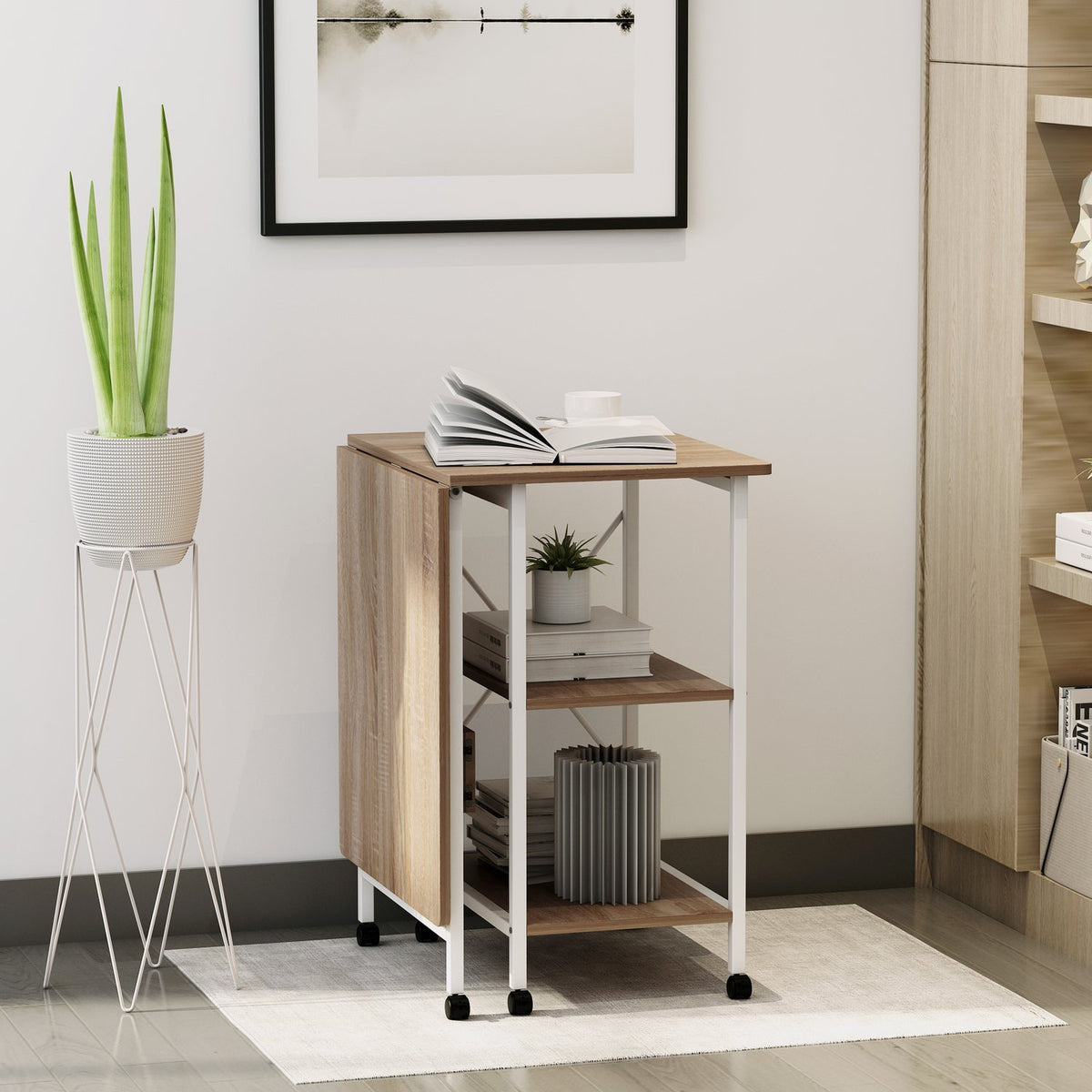 Folding Table Mobile Desk On Wheels, Side Table, Mdf, Natural, 107X55X76Cm