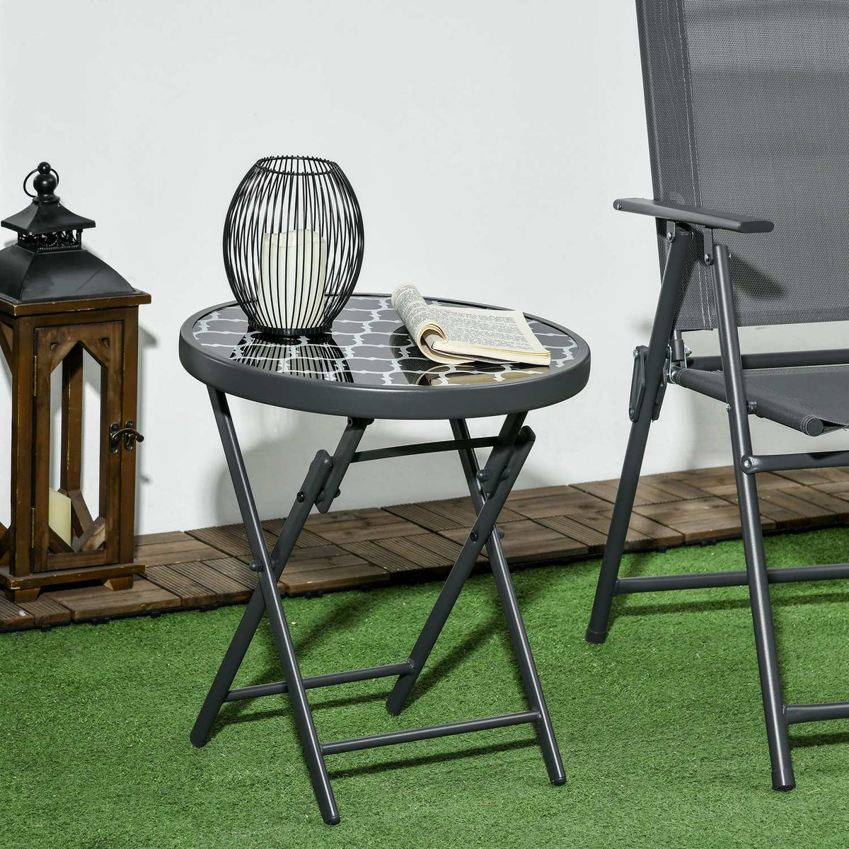 Folding Table Side Table Glass Top Camping Table Black 45X45X50Cm