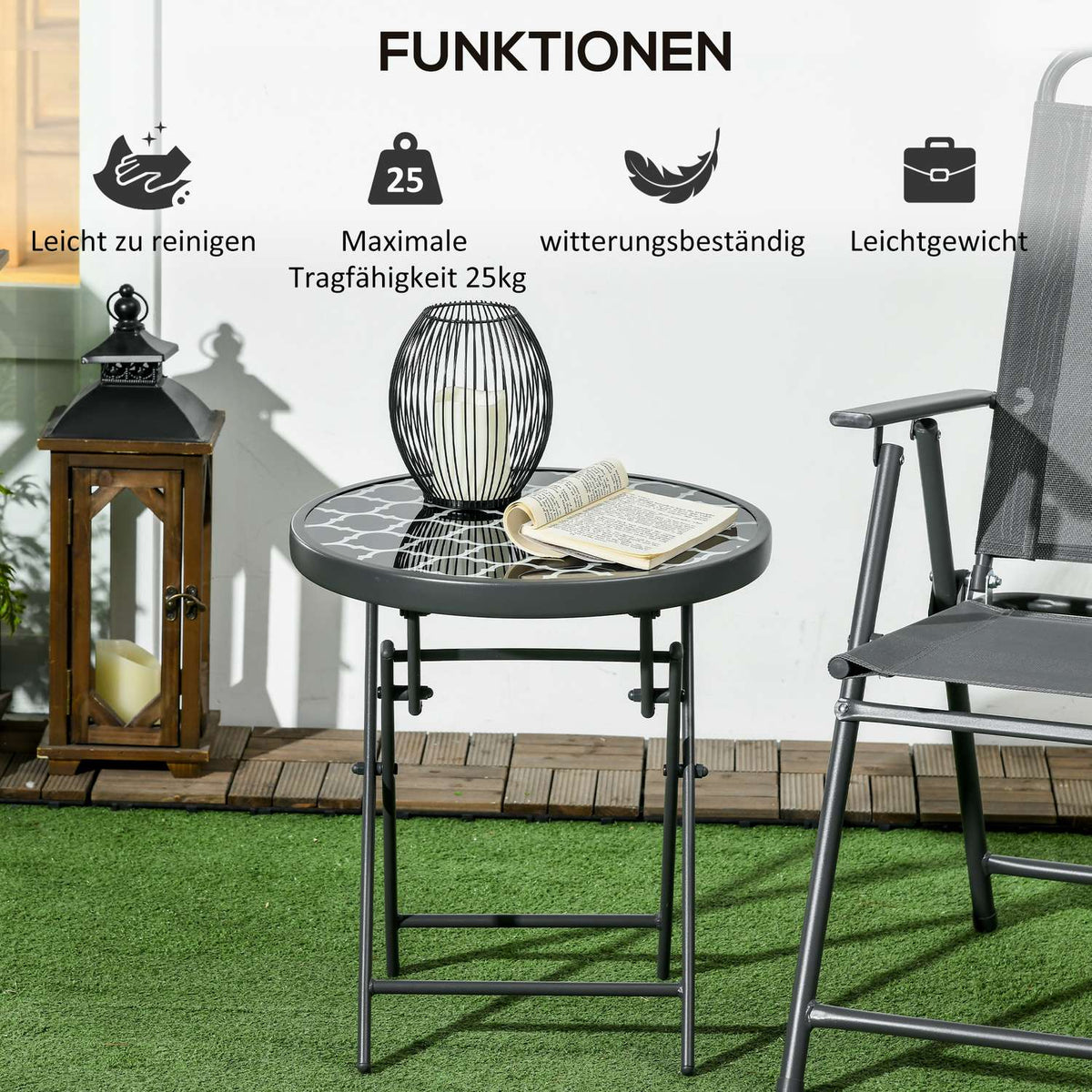 Folding Table Side Table Glass Top Camping Table Black 45X45X50Cm