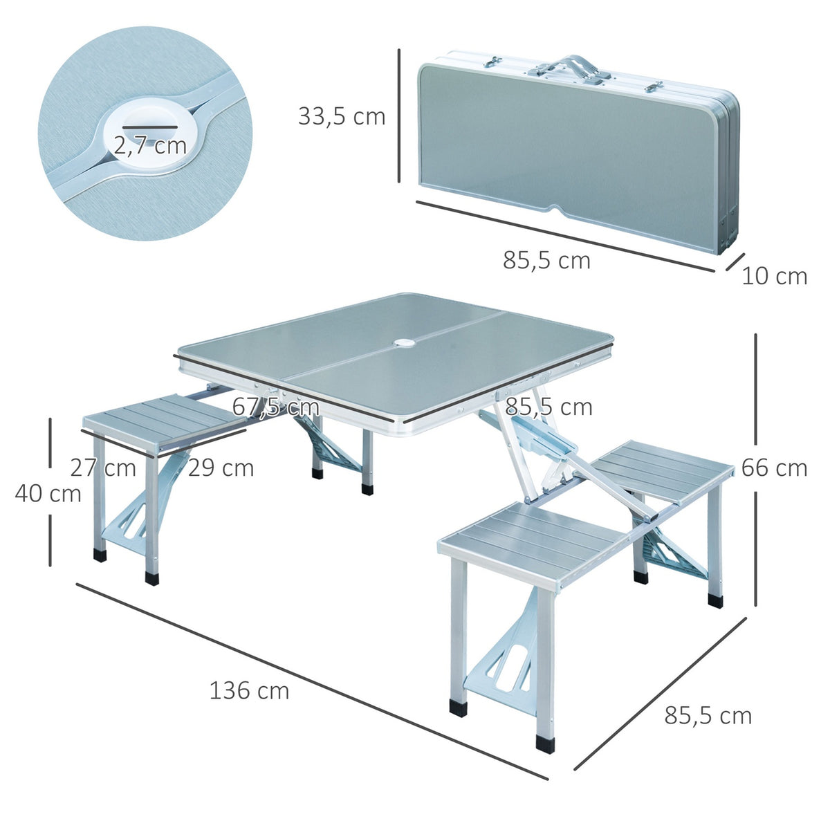 Folding Table With Seats Aluminum Picnic Suitcase Seating Group, Portable, Silver & Mdf, 84.5X67.5X66.5 Cm, For Camping & Outdoor