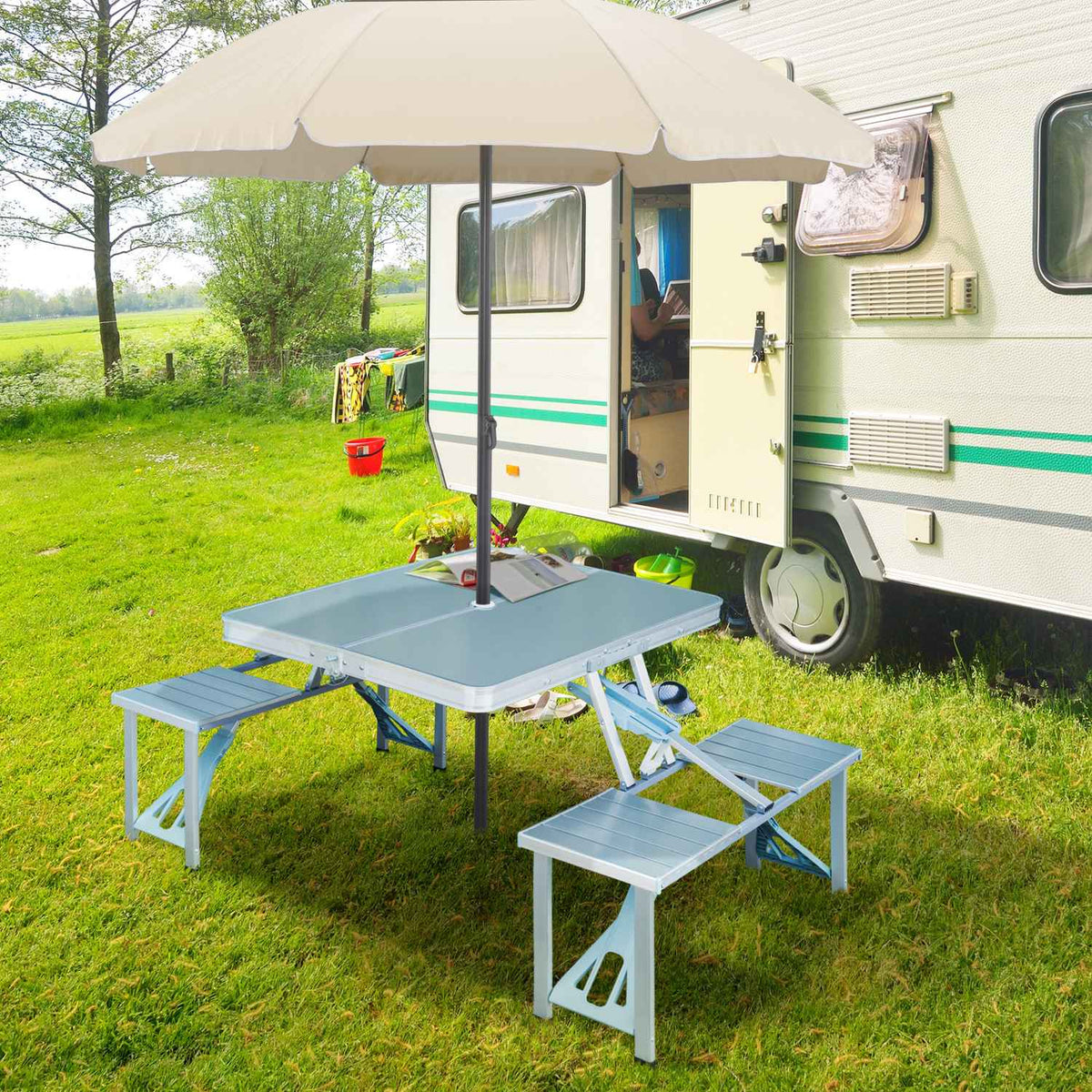 Folding Table With Seats Aluminum Picnic Suitcase Seating Group, Portable, Silver & Mdf, 84.5X67.5X66.5 Cm, For Camping & Outdoor