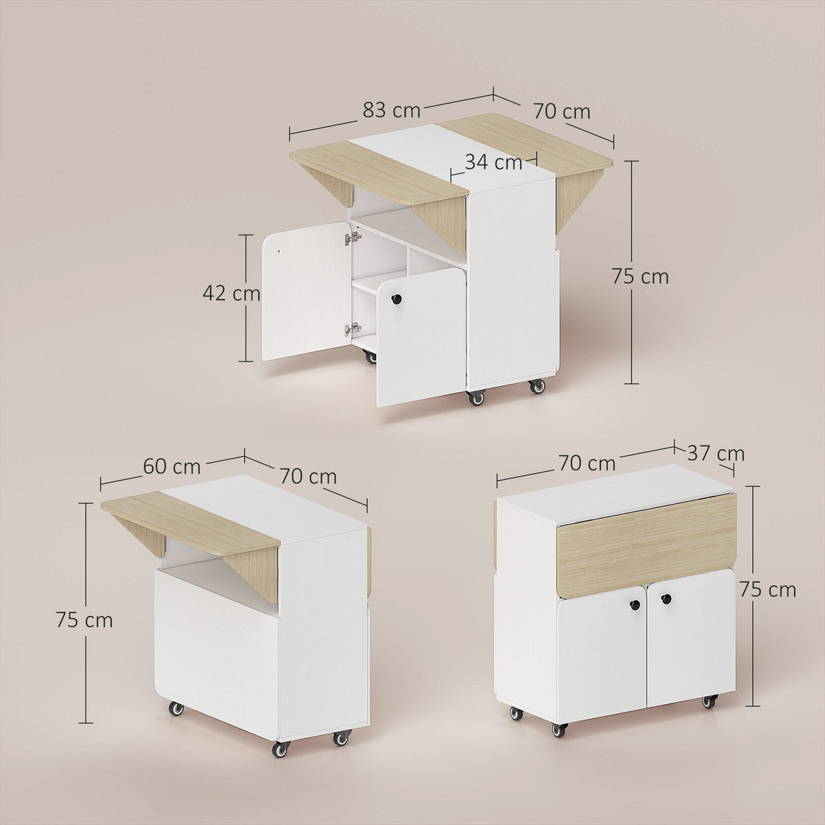 Folding Table with Storage, 2 Drop Leaves, 4 Wheels, White/Natural