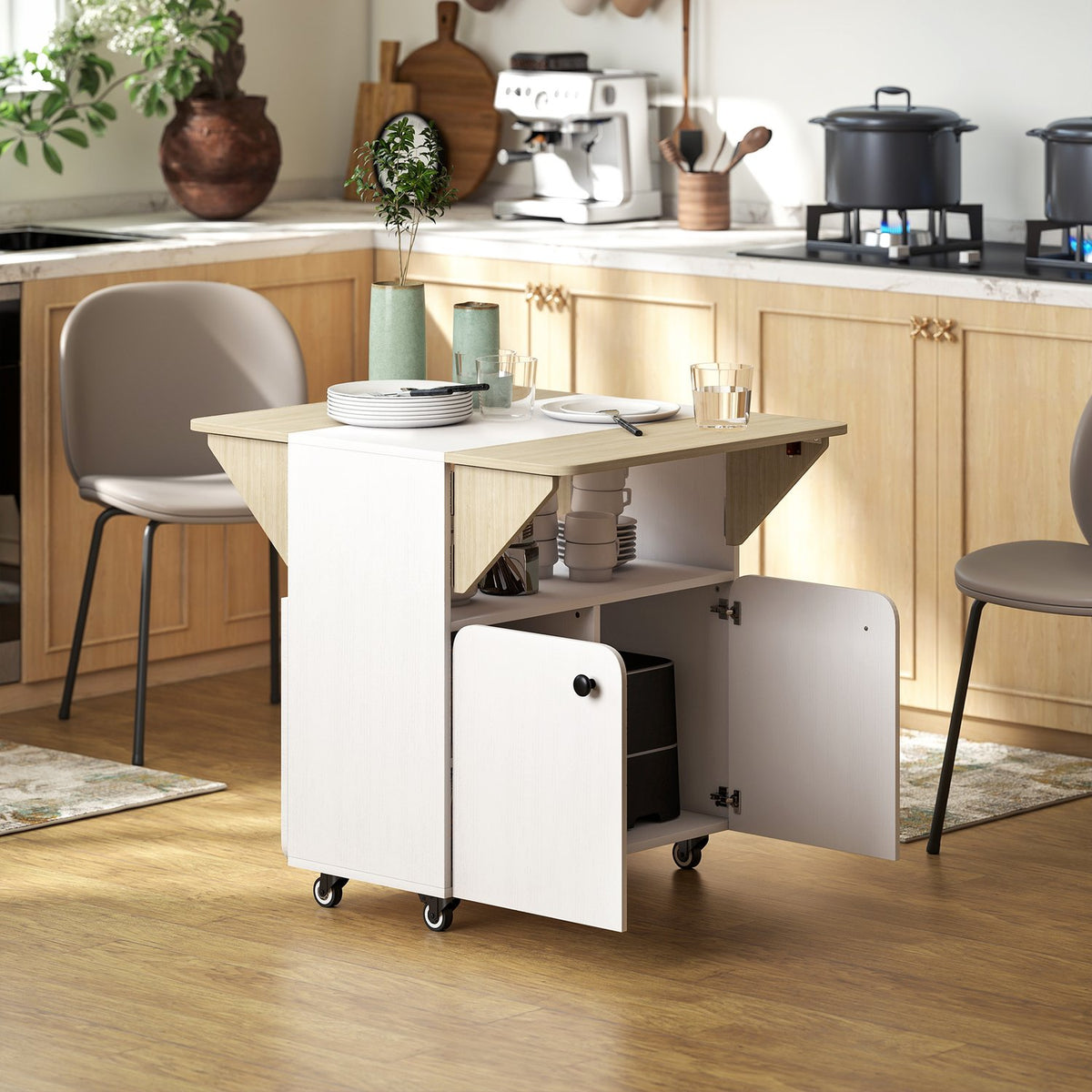 Folding Table with Storage, 2 Drop Leaves, 4 Wheels, White/Natural