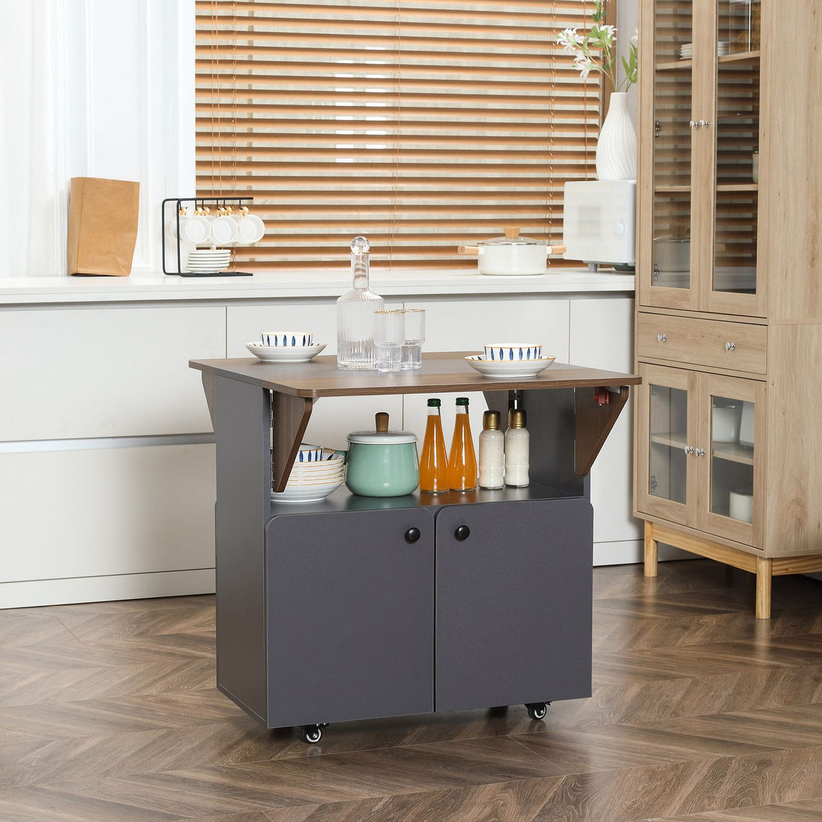 Folding Table with Storage, 4 Wheels, Light Grey/Dark Brown