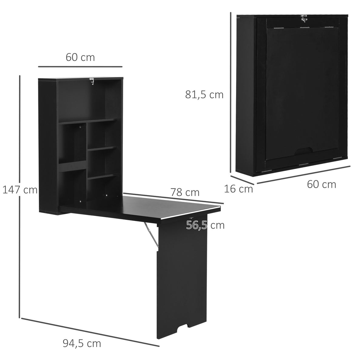 Folding Wall Table, Folding Desk, Computer Table With Blackboard, Black, 60 X 94.5 X 147 Cm