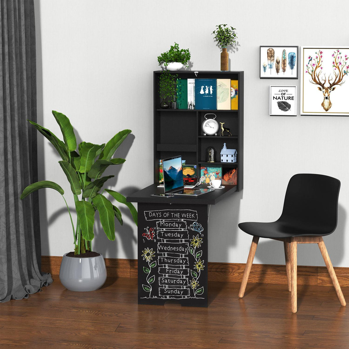 Folding Wall Table, Folding Desk, Computer Table With Blackboard, Black, 60 X 94.5 X 147 Cm
