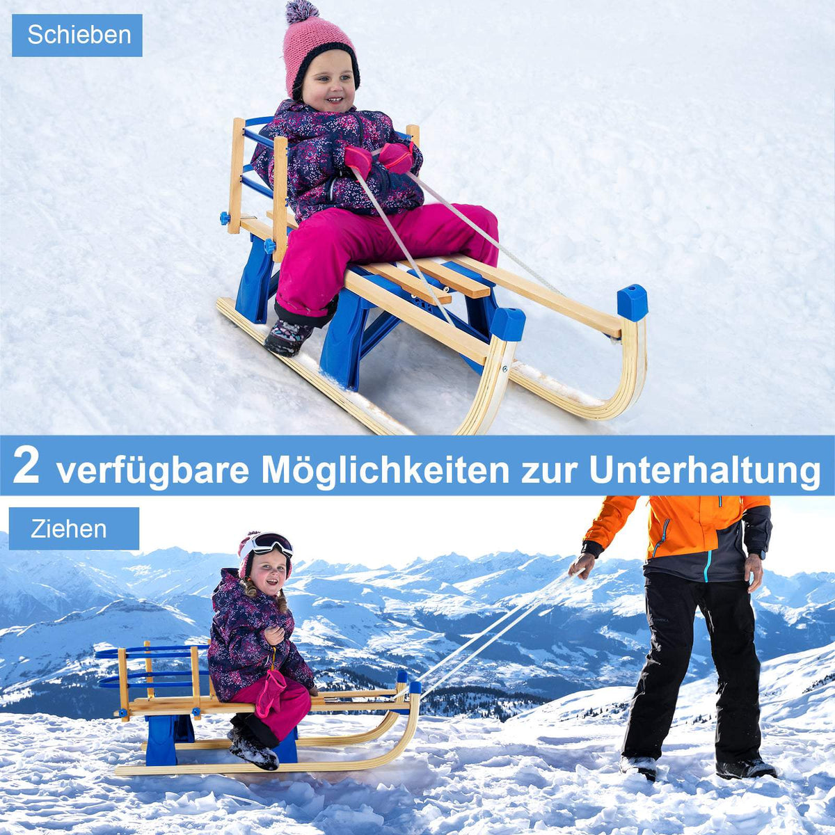 Folding Wooden Sled with Backrest and Pull Rope, Blue