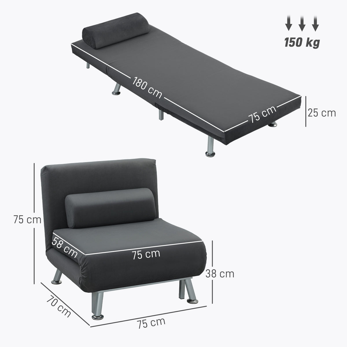 Folding armchair with bed function, foldable recliner chair in velvet look, adjustable backrest, 75 x 70 x 75 cm, dark grey