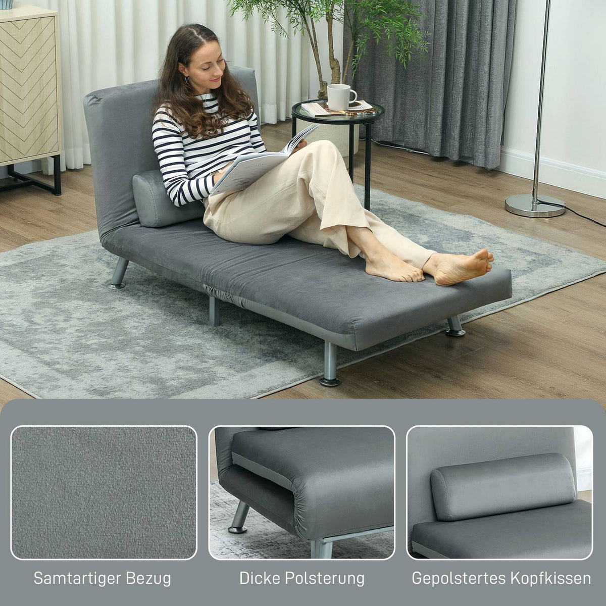 Folding armchair with bed function, foldable recliner chair in velvet look, adjustable backrest, 75 x 70 x 75 cm, grey