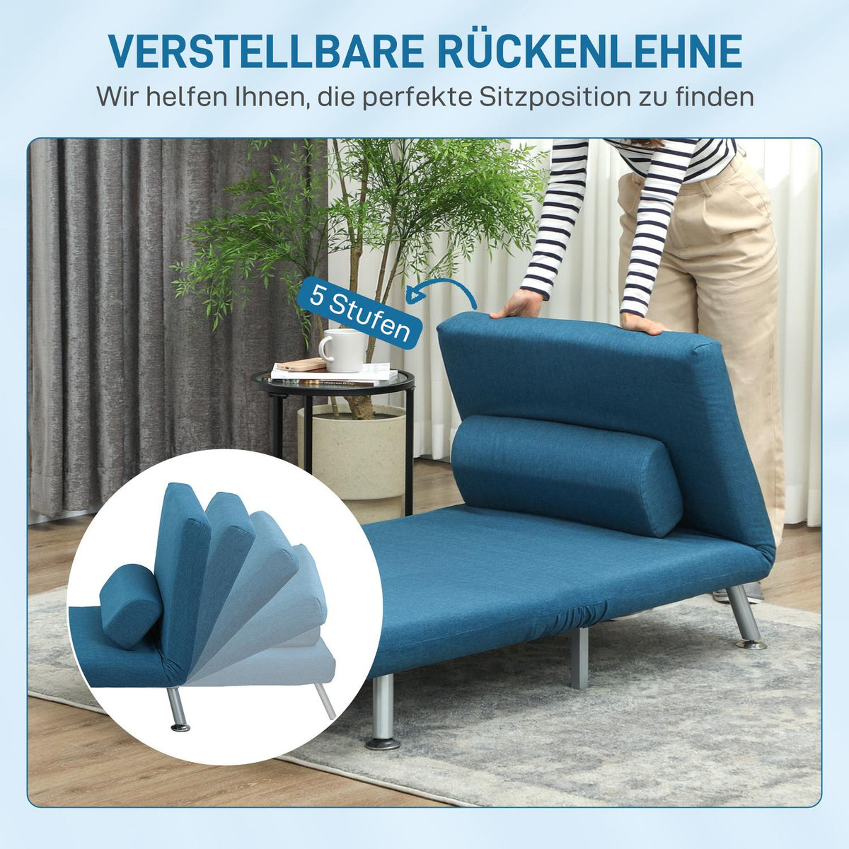Folding armchair with bed function, foldable relaxation chair in linen look, adjustable backrest, 75 x 70 x 75 cm, blue