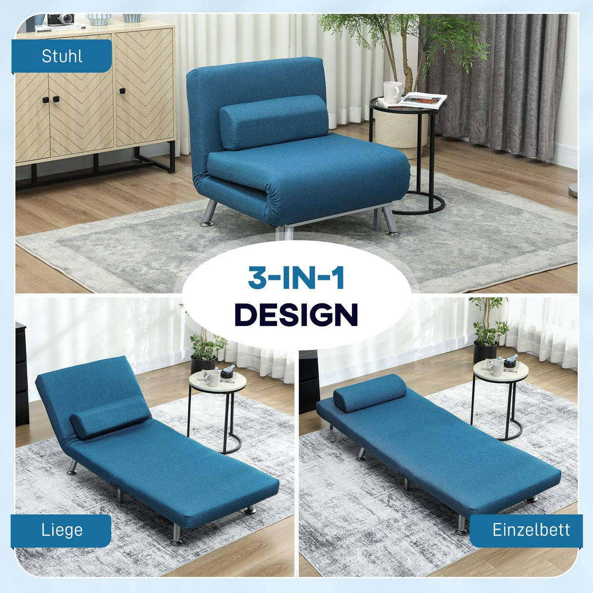 Folding armchair with bed function, foldable relaxation chair in linen look, adjustable backrest, 75 x 70 x 75 cm, blue