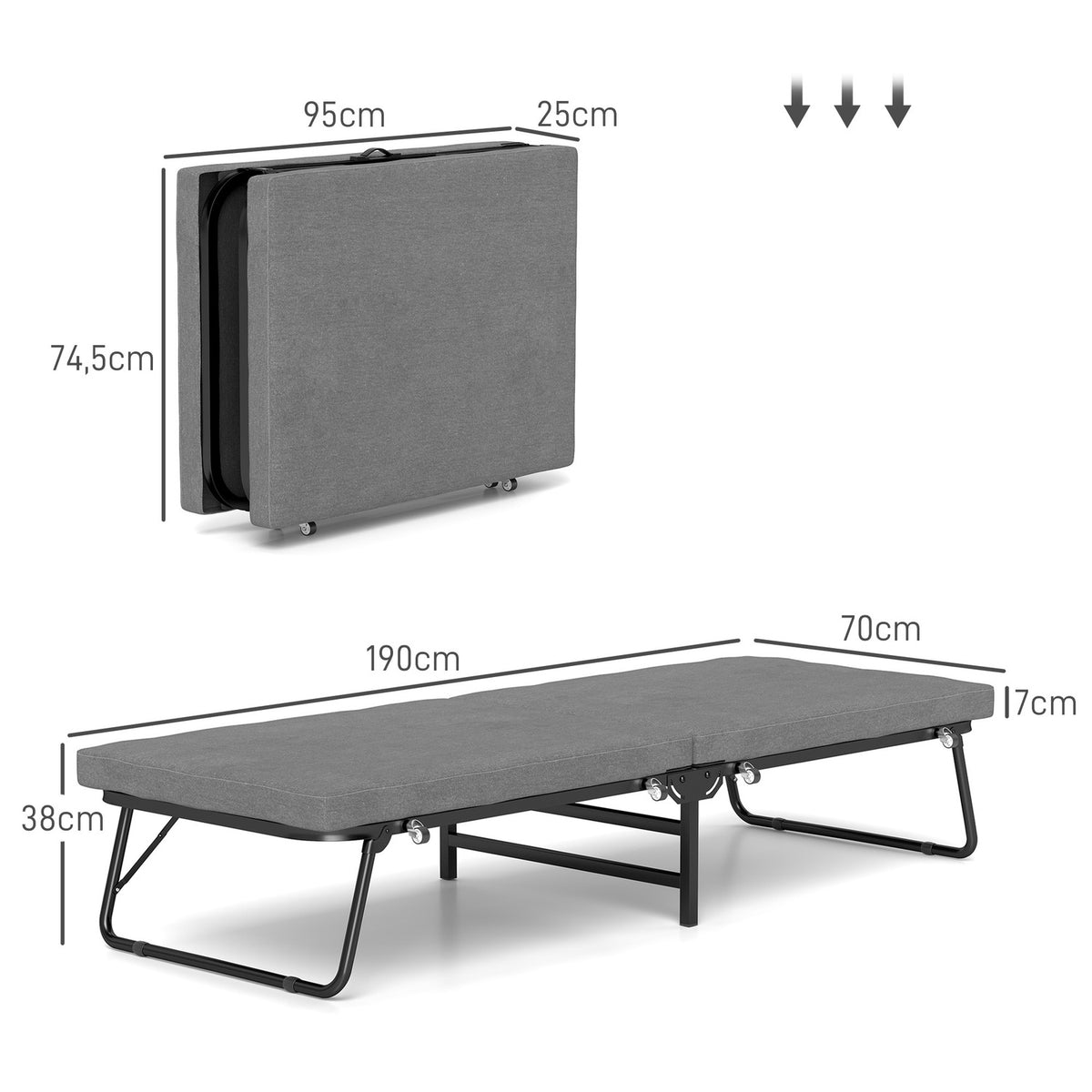 Folding bed 70 x 190 cm folding guest bed with 7cm foam mattress, adjustable headboard, travel bed with wheels, linen look, metal frame for office, guest room, dark gray