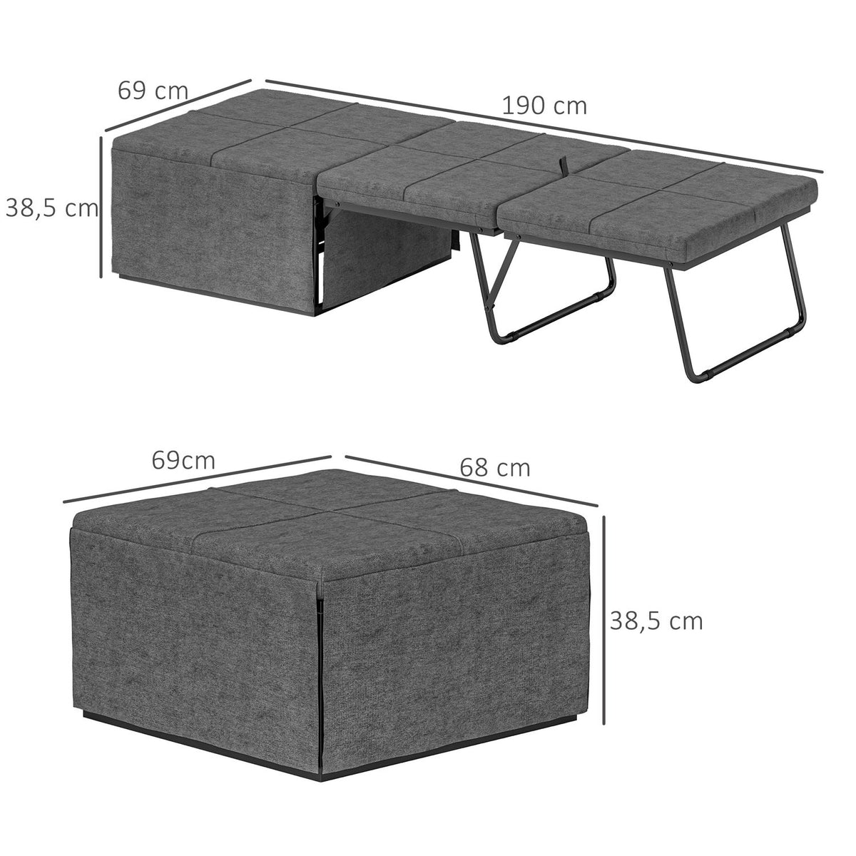 Folding bed approx. 190x60 cm guest bed with 8cm foam mattress, foldable travel bed, adult single bed, metal bed can hold up to 120 kg, folding bed for office, guest room, gray