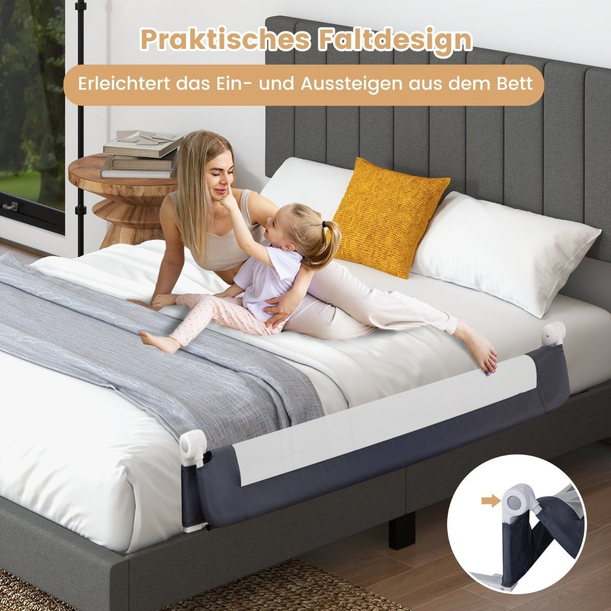 Folding bed rail with adjustable & one-click folding straps bed guard 150 x 42cm gray