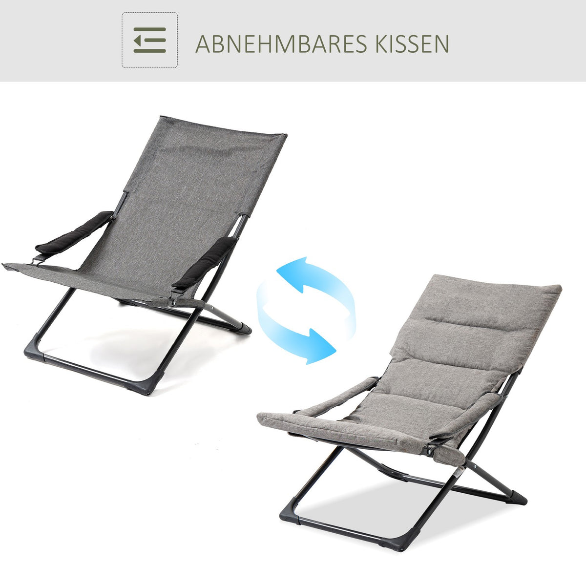 Folding chair with removable cushion, flexible garden chair, camping chair, deck chair, Textilene, steel, gray, 66x94x79 cm for garden, terrace, balcony