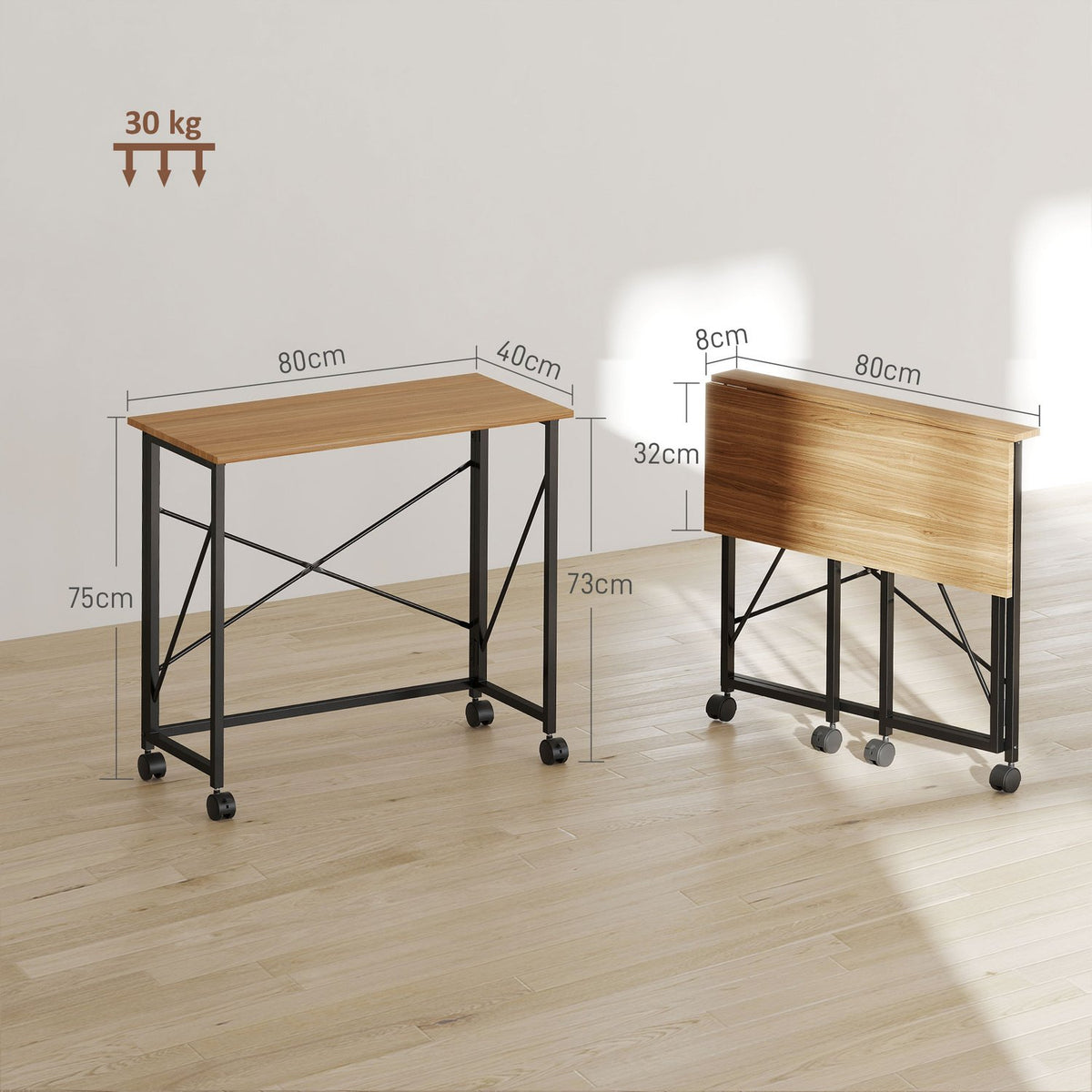 Folding desk with wheels, space-saving, steel, MDF, oak