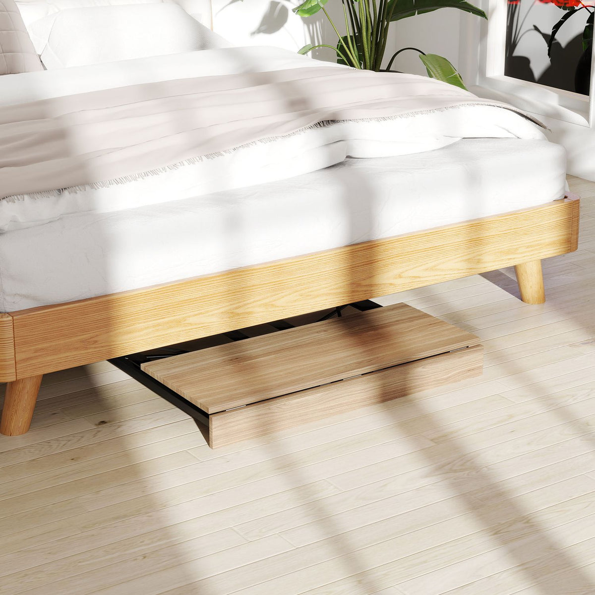 Folding desk with wheels, space-saving, steel, MDF, oak