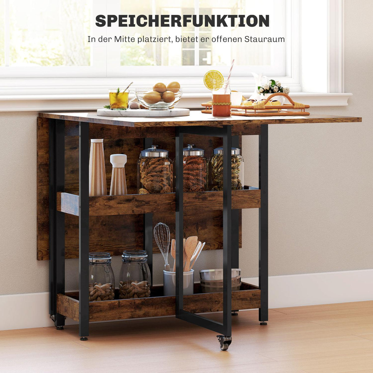 Folding dining table in industrial design, for up to 4 people, open shelves, flexible, metal, chipboard, brown