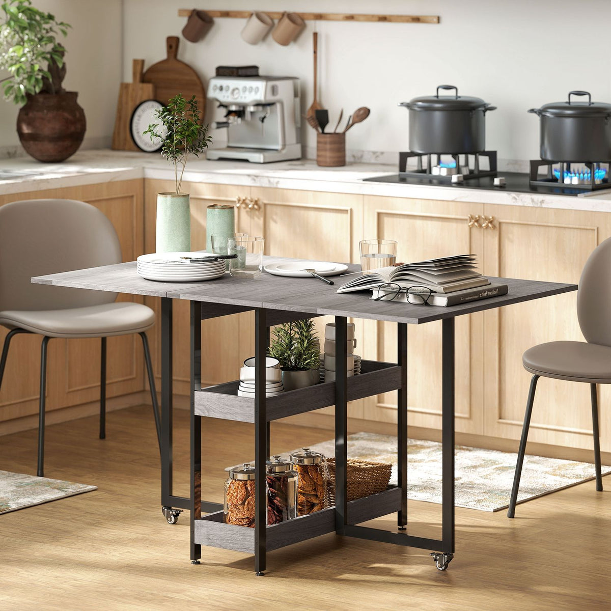 Folding dining table in industrial design, for up to 4 people, open shelves, flexible, metal, chipboard, grey