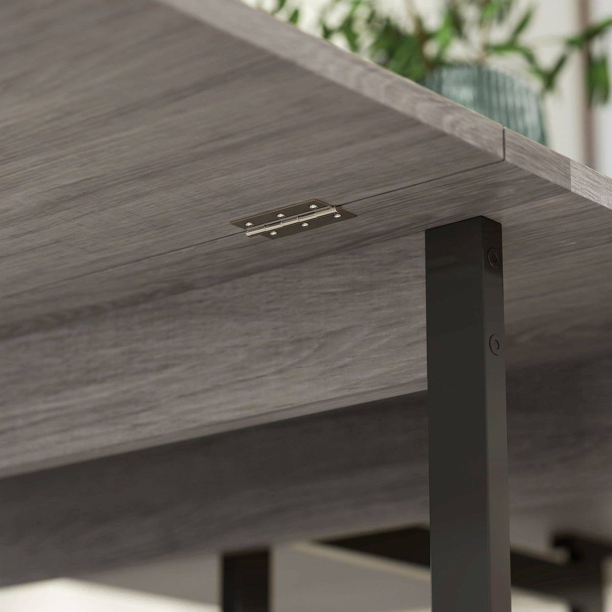 Folding dining table in industrial design, for up to 4 people, open shelves, flexible, metal, chipboard, grey