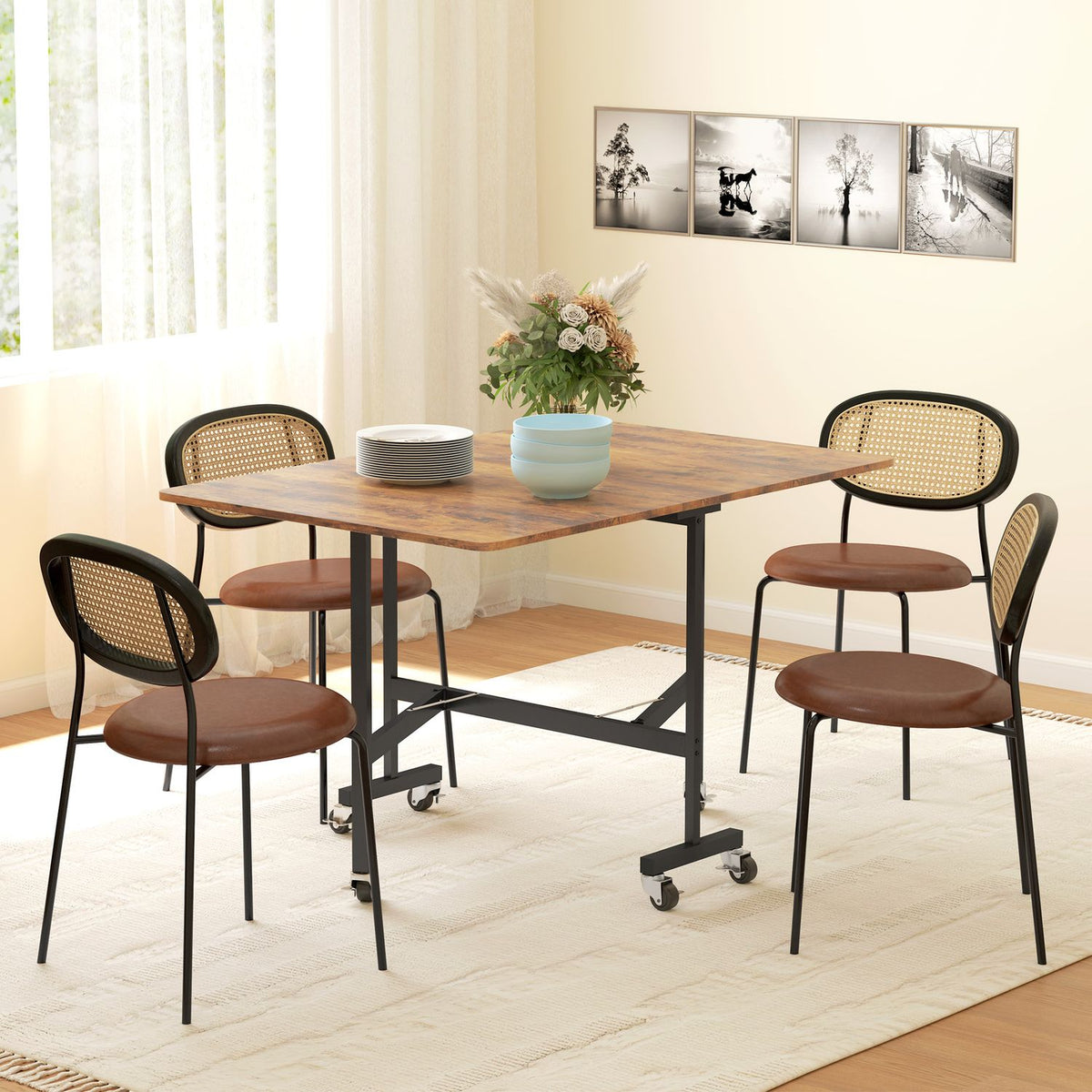 Folding dining table, kitchen table with wheels, brakes for 4-6 people, folding table for small rooms, kitchen, load capacity up to 100 kg, 120 x 80 x 73 cm, rustic brown