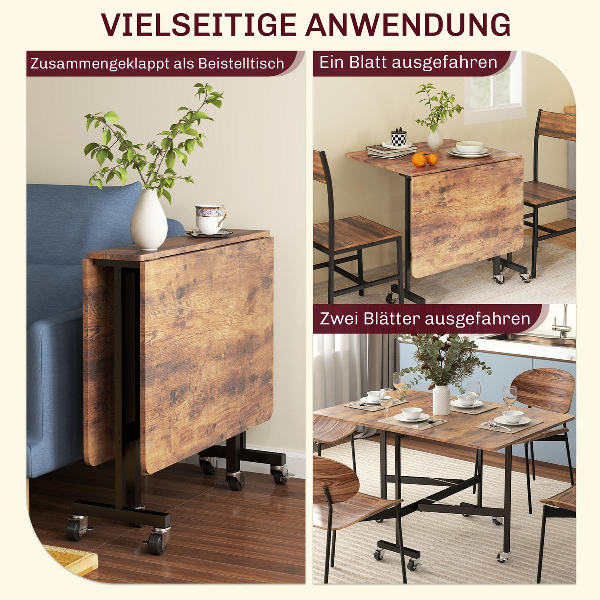 Folding dining table, kitchen table with wheels, brakes for 4-6 people, folding table for small rooms, kitchen, load capacity up to 100 kg, 120 x 80 x 73 cm, rustic brown
