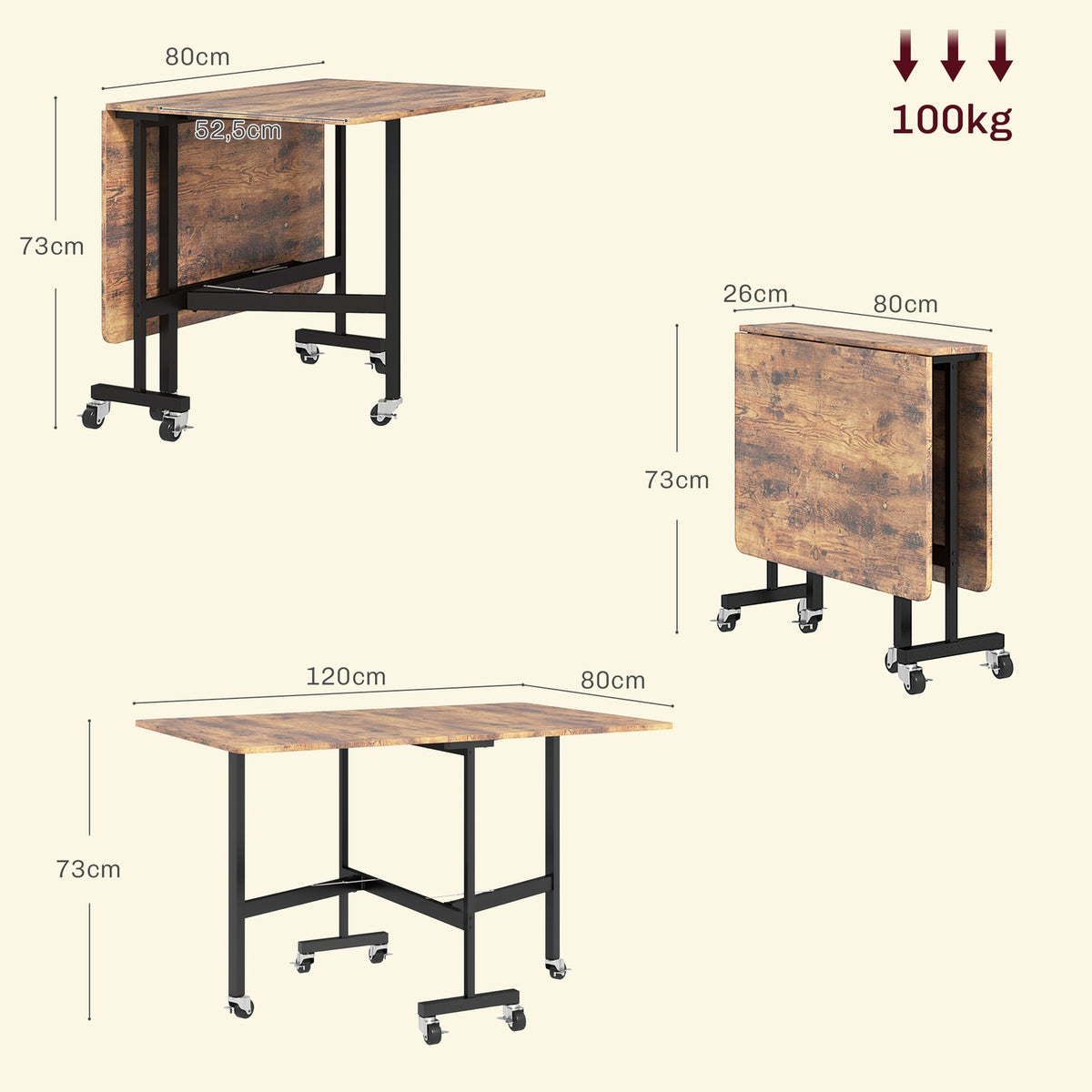 Folding dining table, kitchen table with wheels, brakes for 4-6 people, folding table for small rooms, kitchen, load capacity up to 100 kg, 120 x 80 x 73 cm, rustic brown