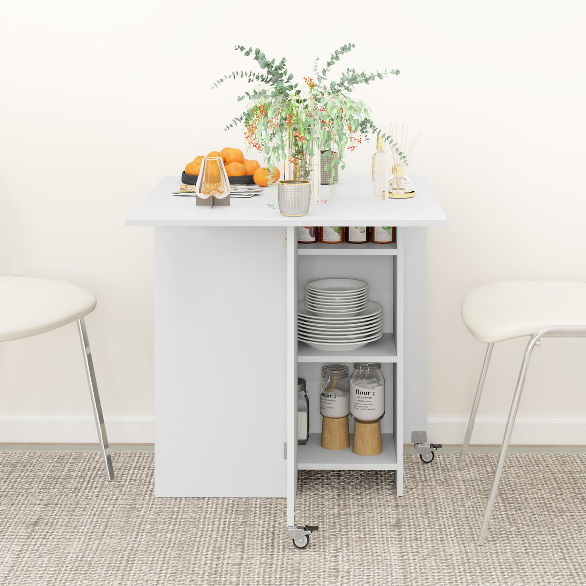 Folding dining table, mobile kitchen table for 2-4 people with open shelves, 1 drawer, folding table for small rooms, dining room 114.5 x 70 x 75 cm, white