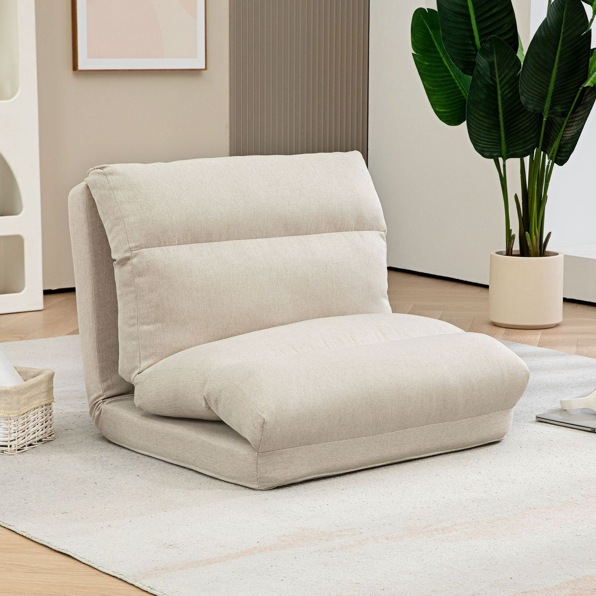 Folding floor chair, with 6-level adjustable backrest, thick seat padding, bed function, linen look, 70 x 41 x 56 cm, brown