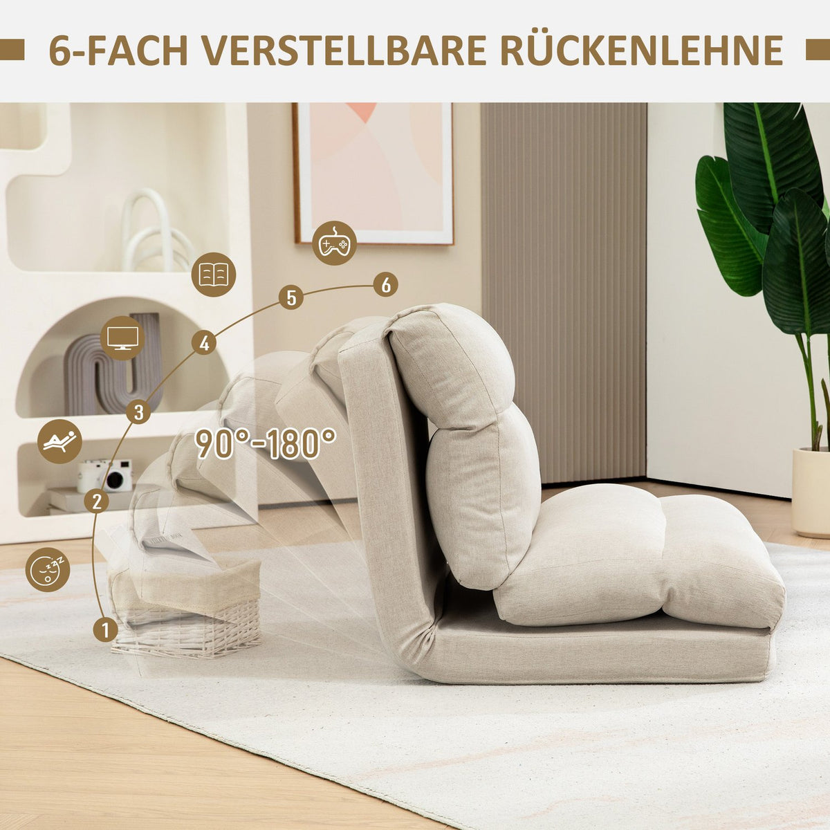 Folding floor chair, with 6-level adjustable backrest, thick seat padding, bed function, linen look, 70 x 41 x 56 cm, brown