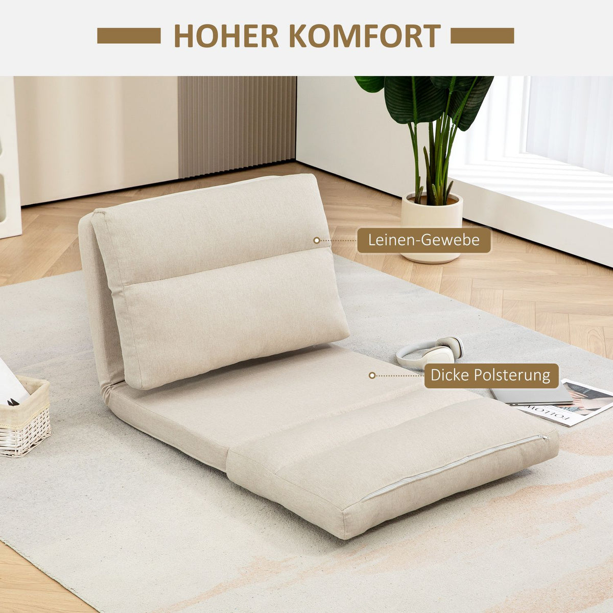 Folding floor chair, with 6-level adjustable backrest, thick seat padding, bed function, linen look, 70 x 41 x 56 cm, brown
