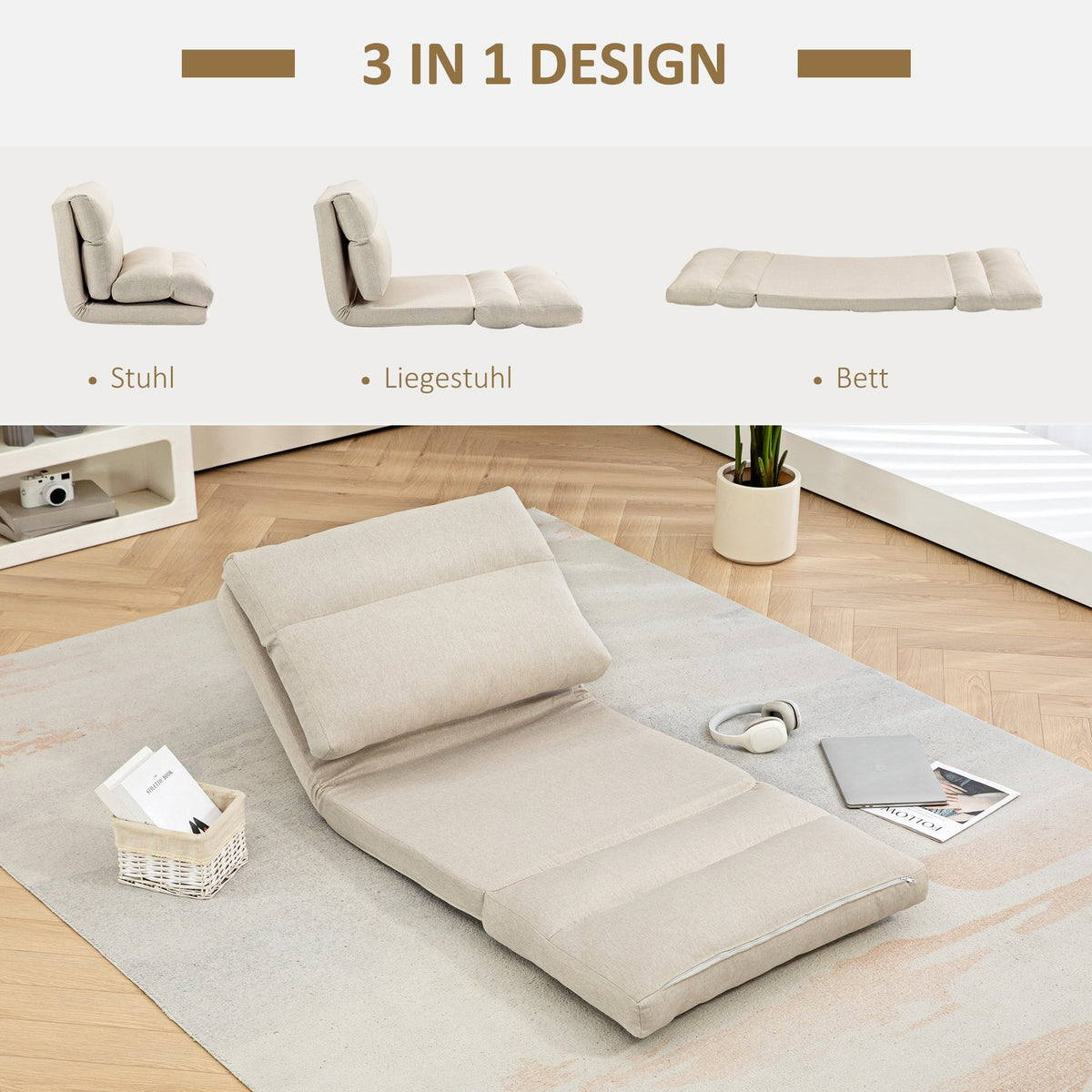 Folding floor chair, with 6-level adjustable backrest, thick seat padding, bed function, linen look, 70 x 41 x 56 cm, brown