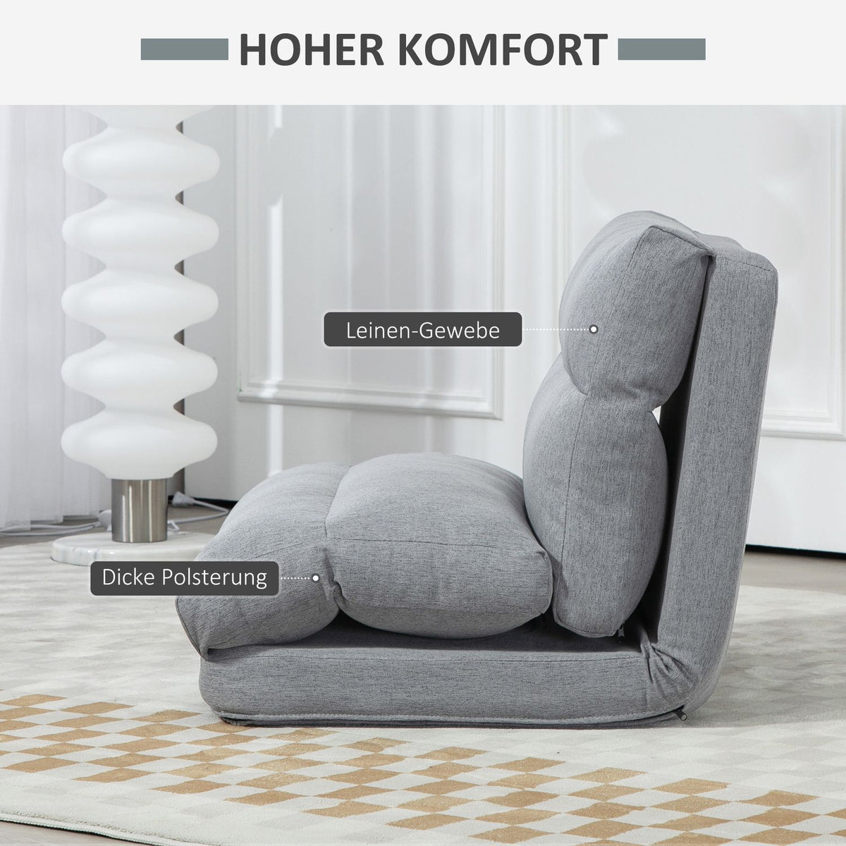 Folding floor chair, with 6-level adjustable backrest, thick seat padding, bed function, linen look, 70 x 41 x 56 cm, gray