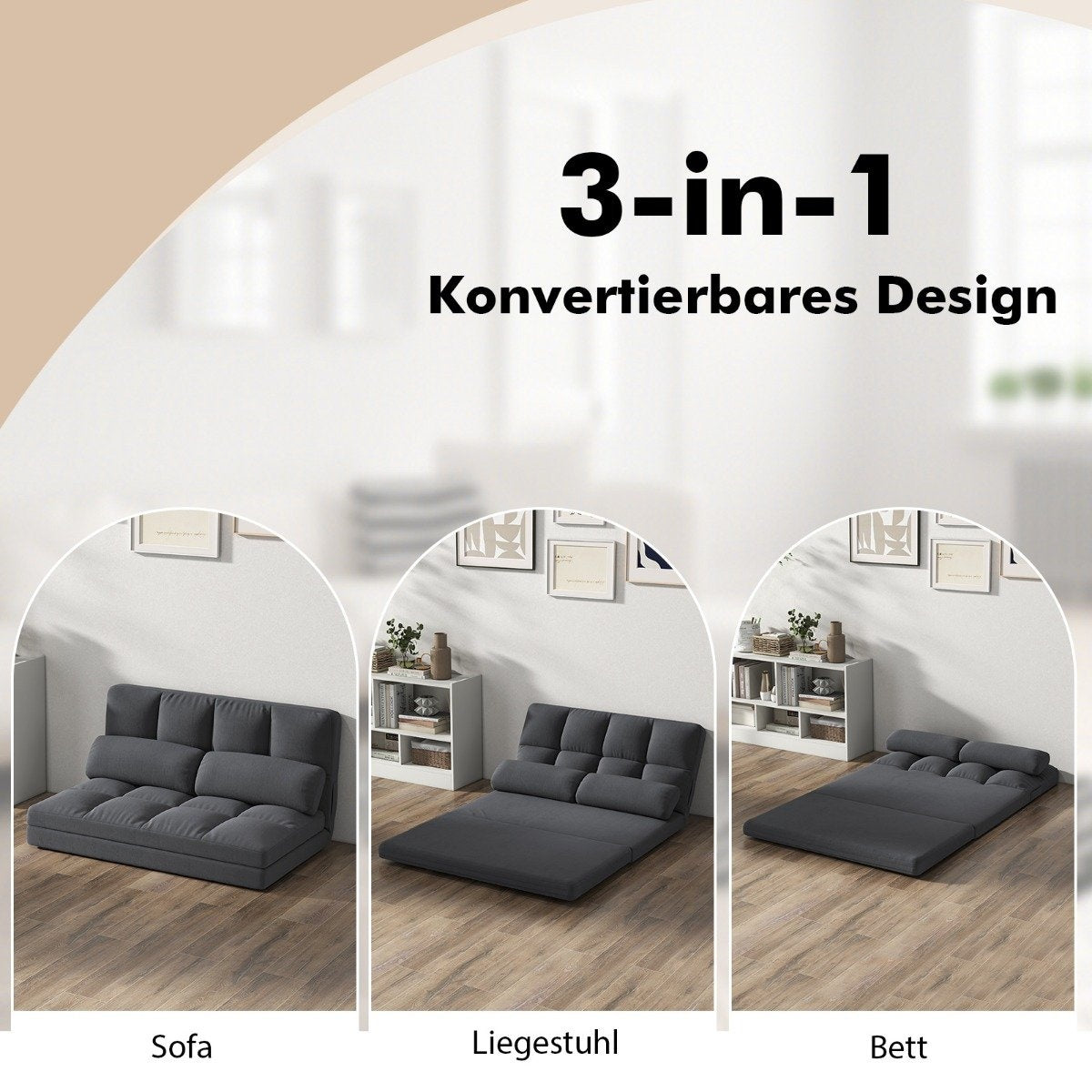 Folding floor sofa 3 in 1 sofa bed with sleeping function and adjustable backrest dark gray