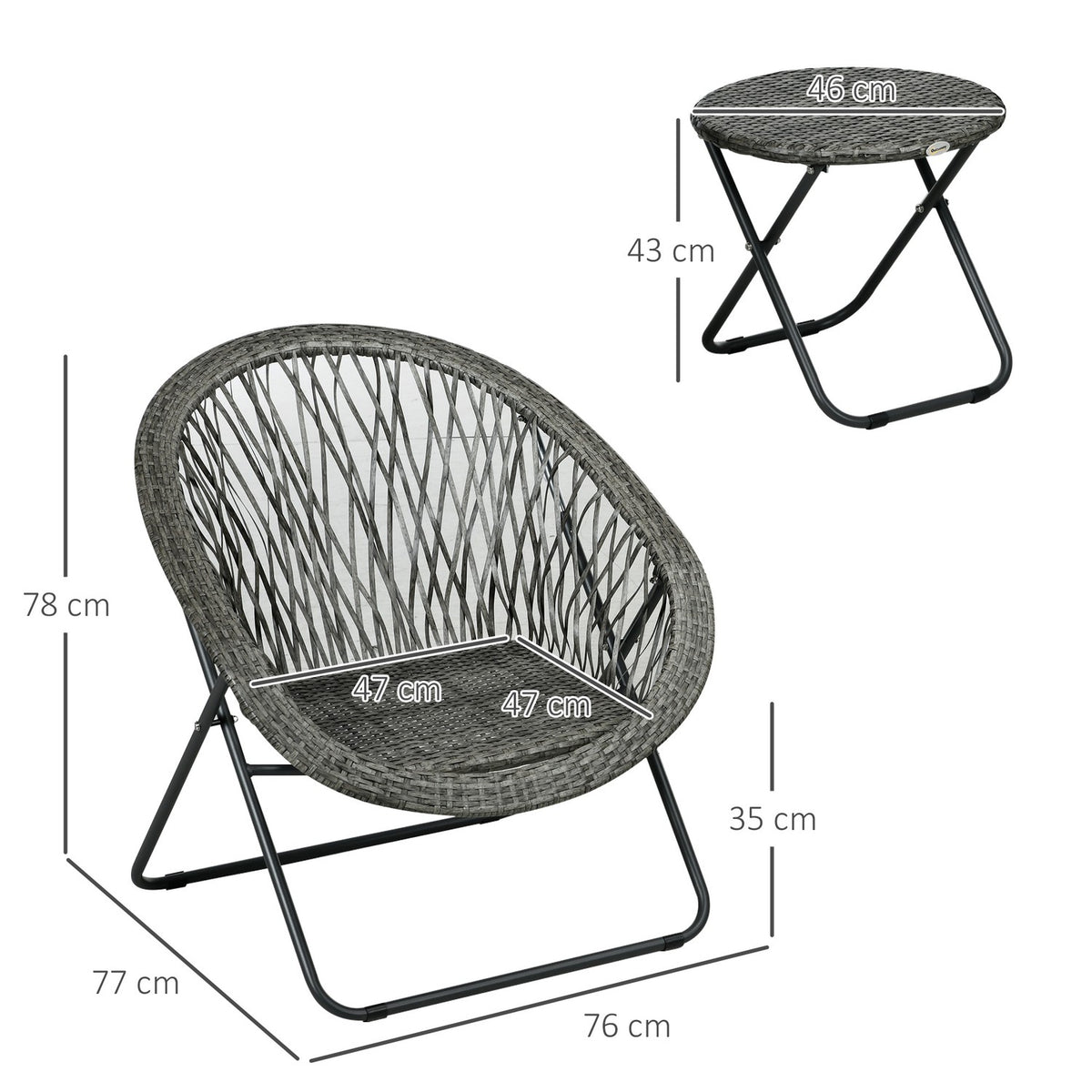 Folding garden furniture balcony set with coffee table & 2 chairs, including cushions, steel gray for terrace & garden
