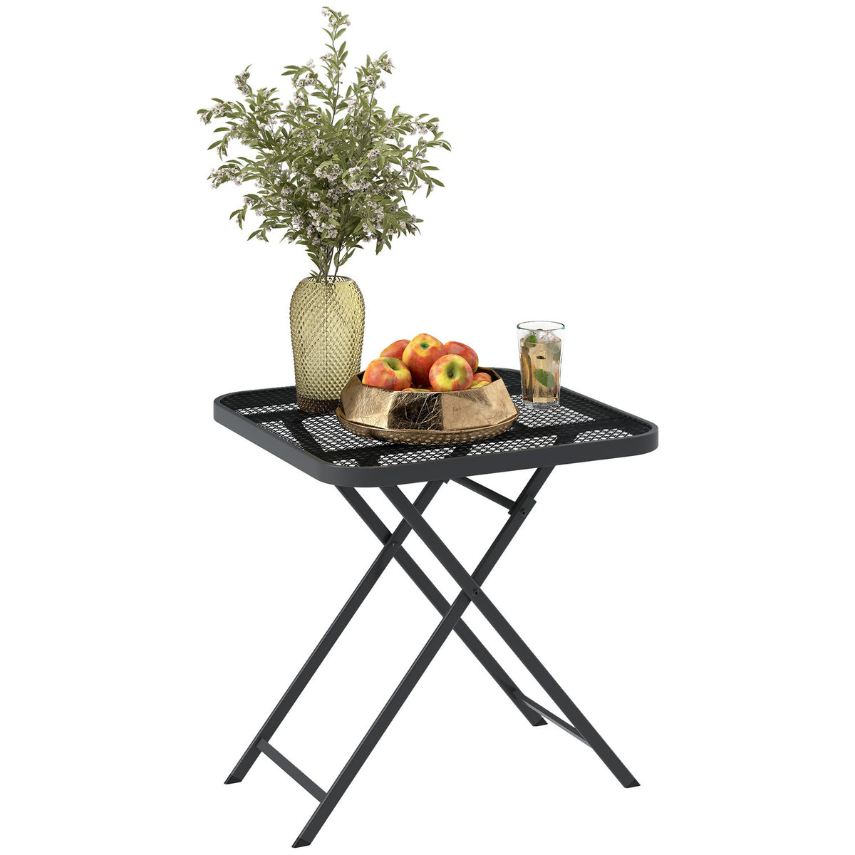 Folding garden table 70 x 70 cm, weatherproof balcony table, steel folding table with cut-out design, outdoor dining table, square side table, patio table for garden, terrace, balcony, black