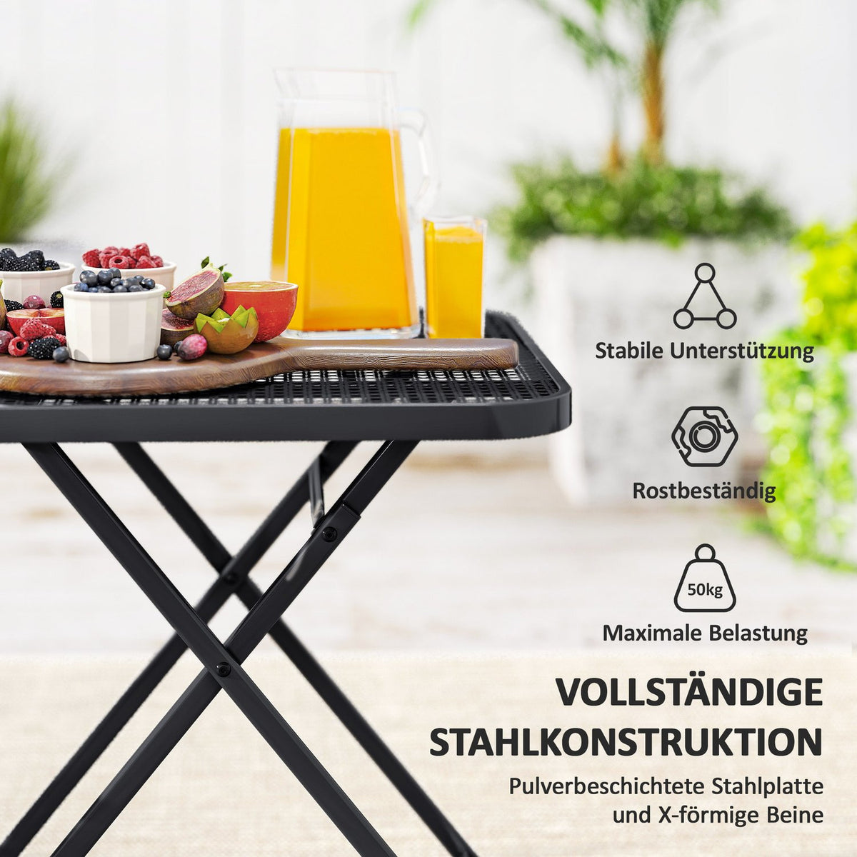 Folding garden table 70 x 70 cm, weatherproof balcony table, steel folding table with cut-out design, outdoor dining table, square side table, patio table for garden, terrace, balcony, black