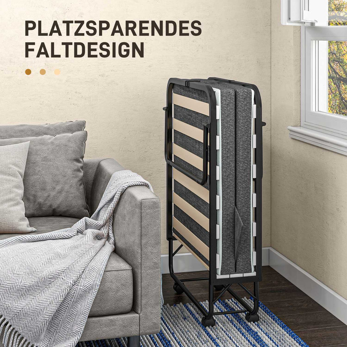 Folding guest bed with wheels, 10 cm mattress, cover, travel cot with side pocket dark gray 190 x 80 x 42 cm
