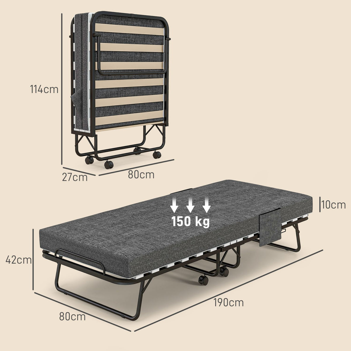 Folding guest bed with wheels, 10 cm mattress, cover, travel cot with side pocket dark gray 190 x 80 x 42 cm