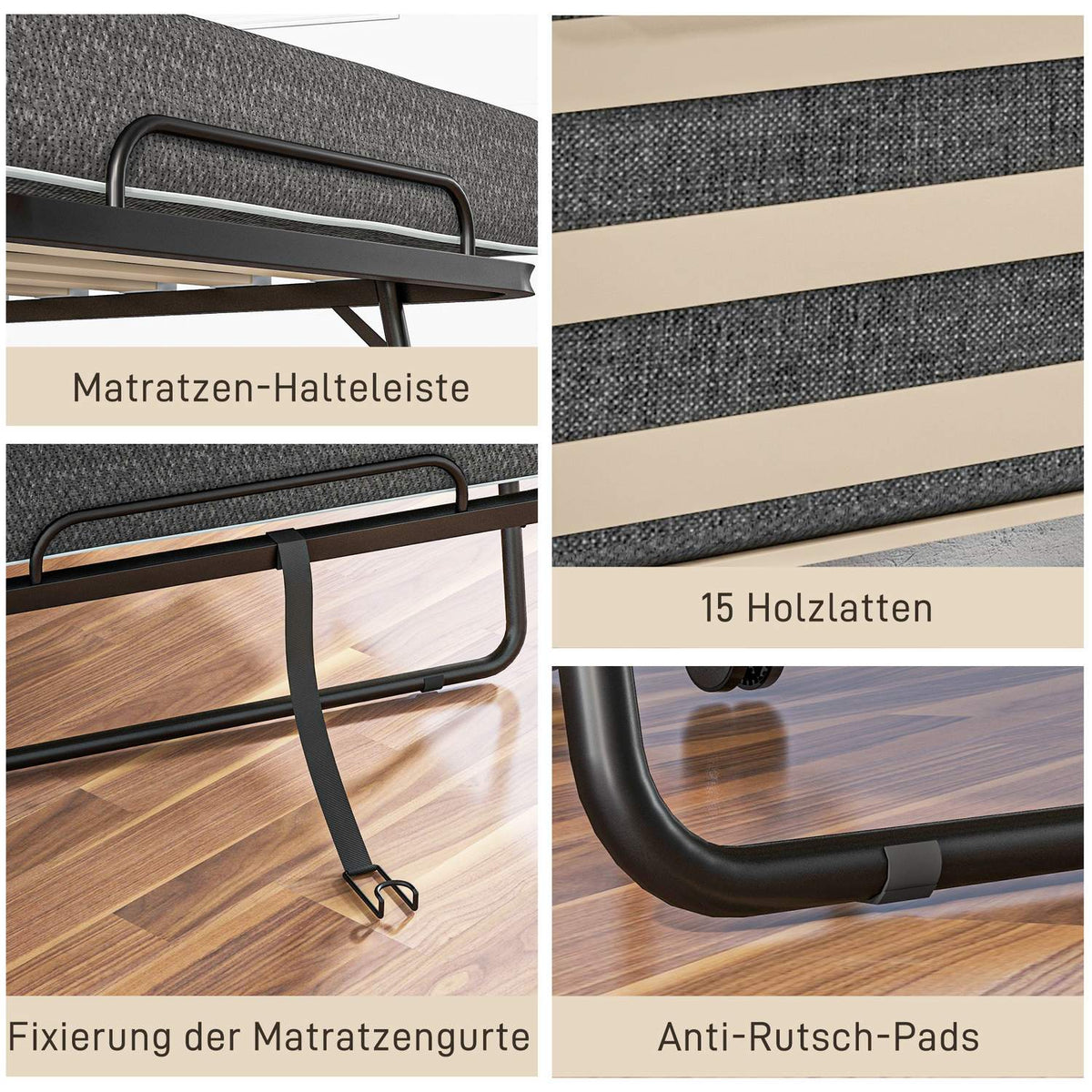 Folding guest bed with wheels, 10 cm mattress, cover, travel cot with side pocket dark gray 190 x 80 x 42 cm