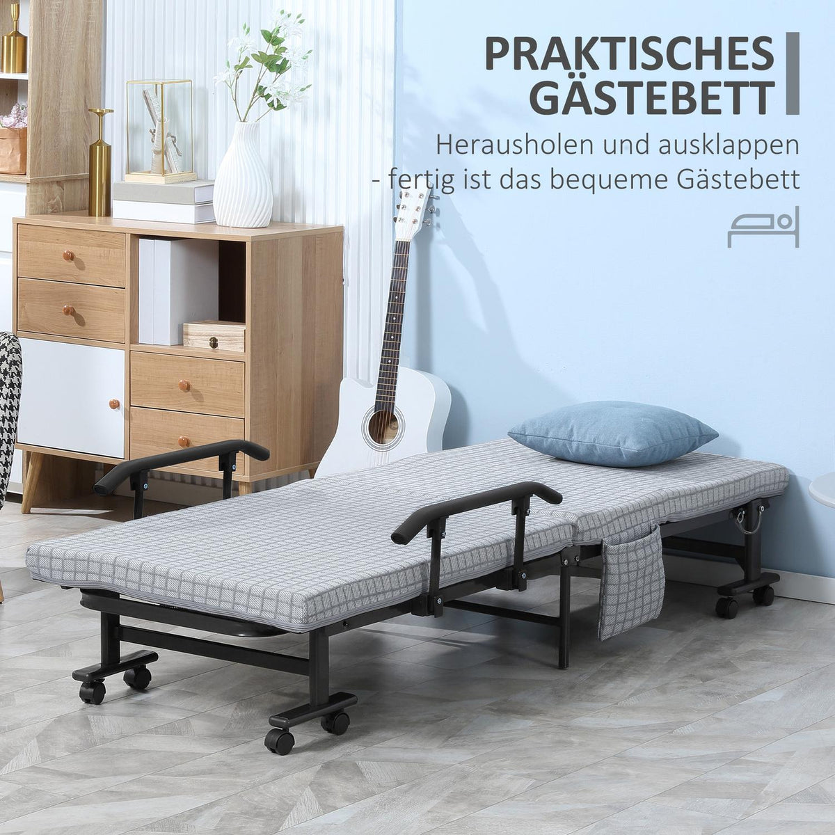 Folding guest bed with wheels, armchair, 5-level adjustable backrest, travel bed, steel frame, light gray + black, 190x76x33cm