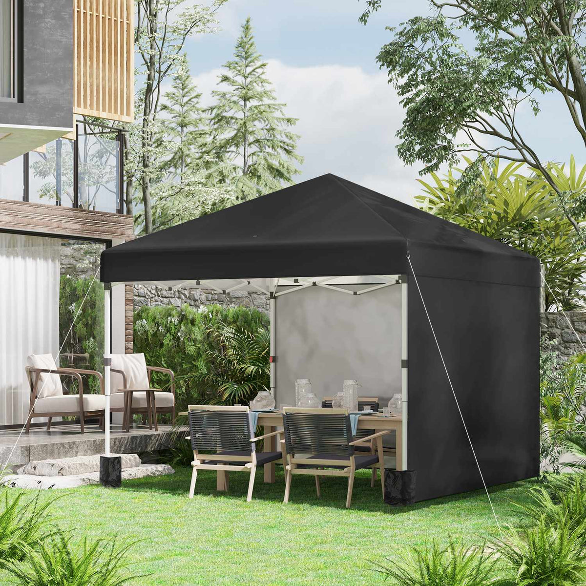 Folding pavilion 2.97 x 2.97 m with UV protection and side walls, party tent with sandbag, pop-up tent for terrace made of steel in black
