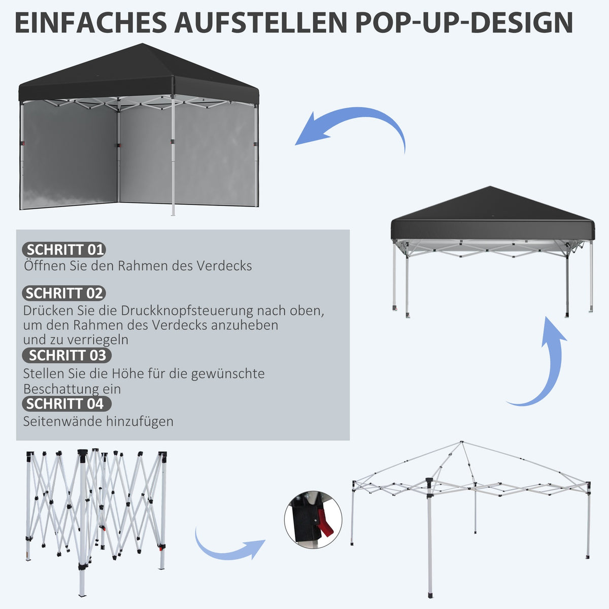 Folding pavilion 2.97 x 2.97 m with UV protection and side walls, party tent with sandbag, pop-up tent for terrace made of steel in black